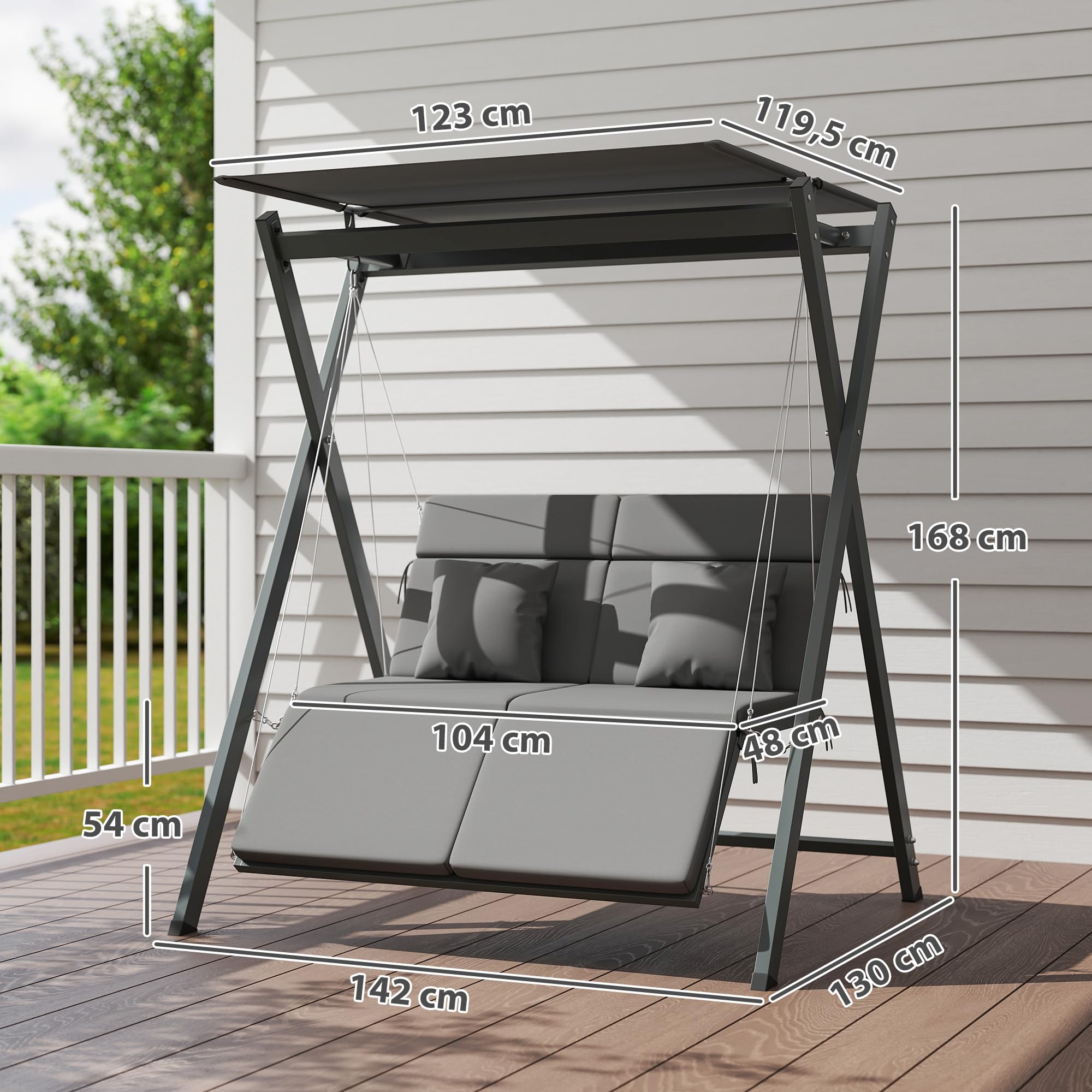 Outsunny Columpio de Jardín Exterior de 2 Plazas Balancín de Jardín Exterior con Protección UV30+ Toldo Ajustable y Cojines Convertible en Cama Carga 220 kg 142x130x168 cm Gris Oscuro