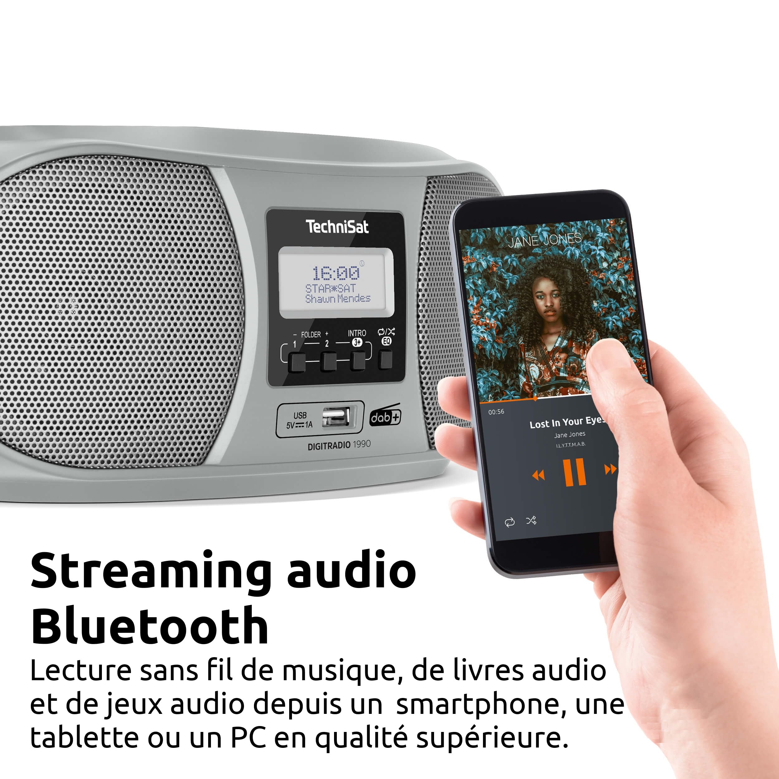 TechniSat DIGITRADIO 1990 - stéréo Boombox avec Radio Dab +/FM et Lecteur CD (Streaming Audio Bluetooth, Connexion Casque, USB, entrée AUX, Fonction de Charge, Horloge, 2 x 1,5 W) Argent