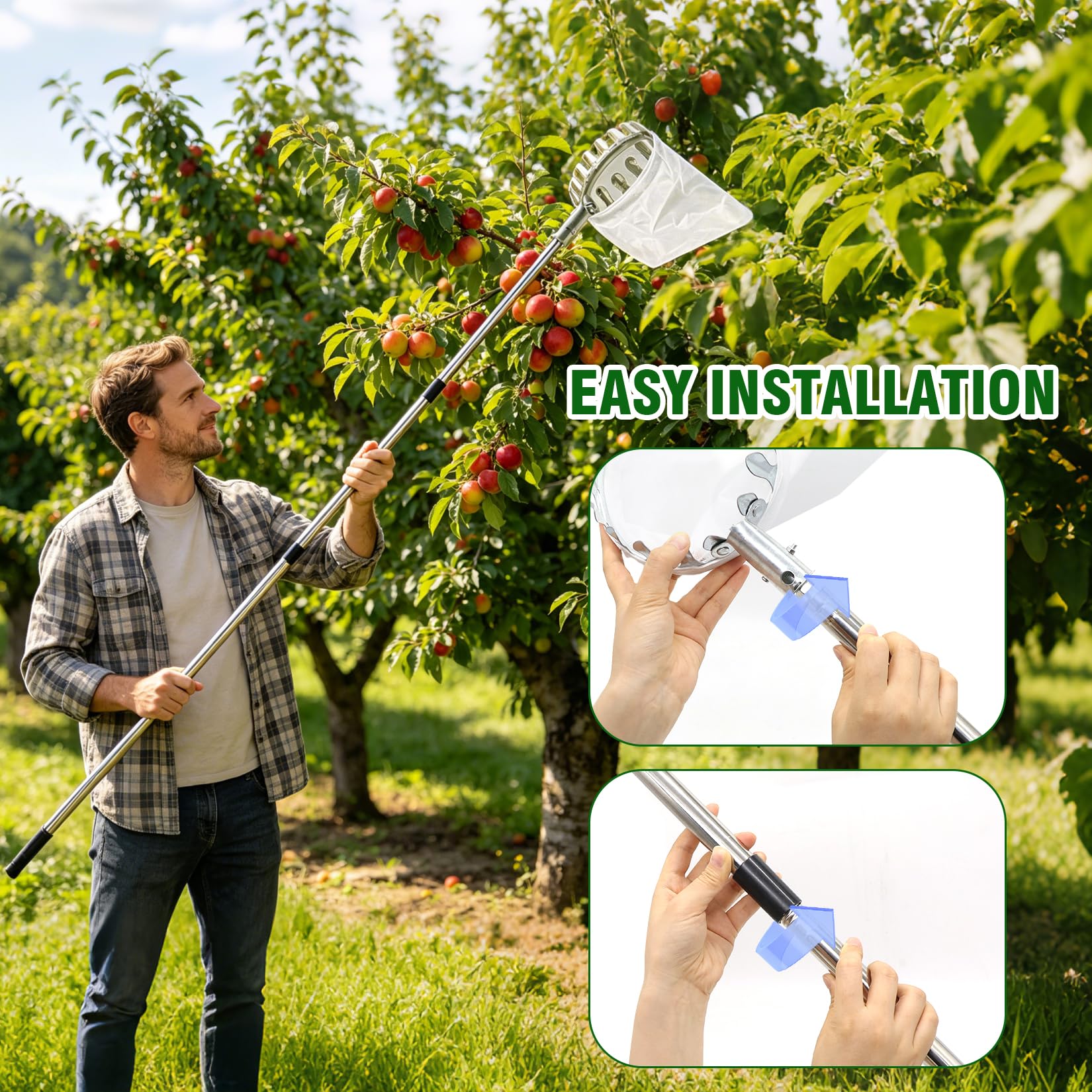 Obstpflücker 4.2M, Apfelpflücker mit Edelstahl Teleskopstiel und Stoff, Pflückhilfe Pflaumenpflücker Kirschenpflücker für Früchte außer Reichweite