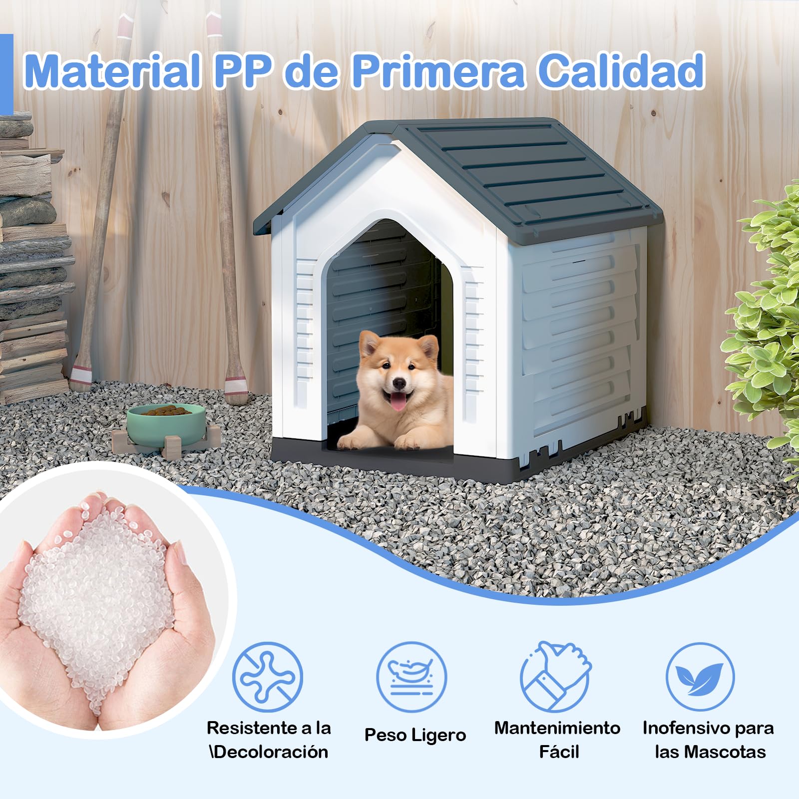 GOPLUS Caseta de Perro de Plástico, Casa para Perros con Puerta de Malla Bloqueable y Piso Elevado, Ventilación, Techo Inclinado, Perrera para Interior y Exterior para Mascotas (Gris)