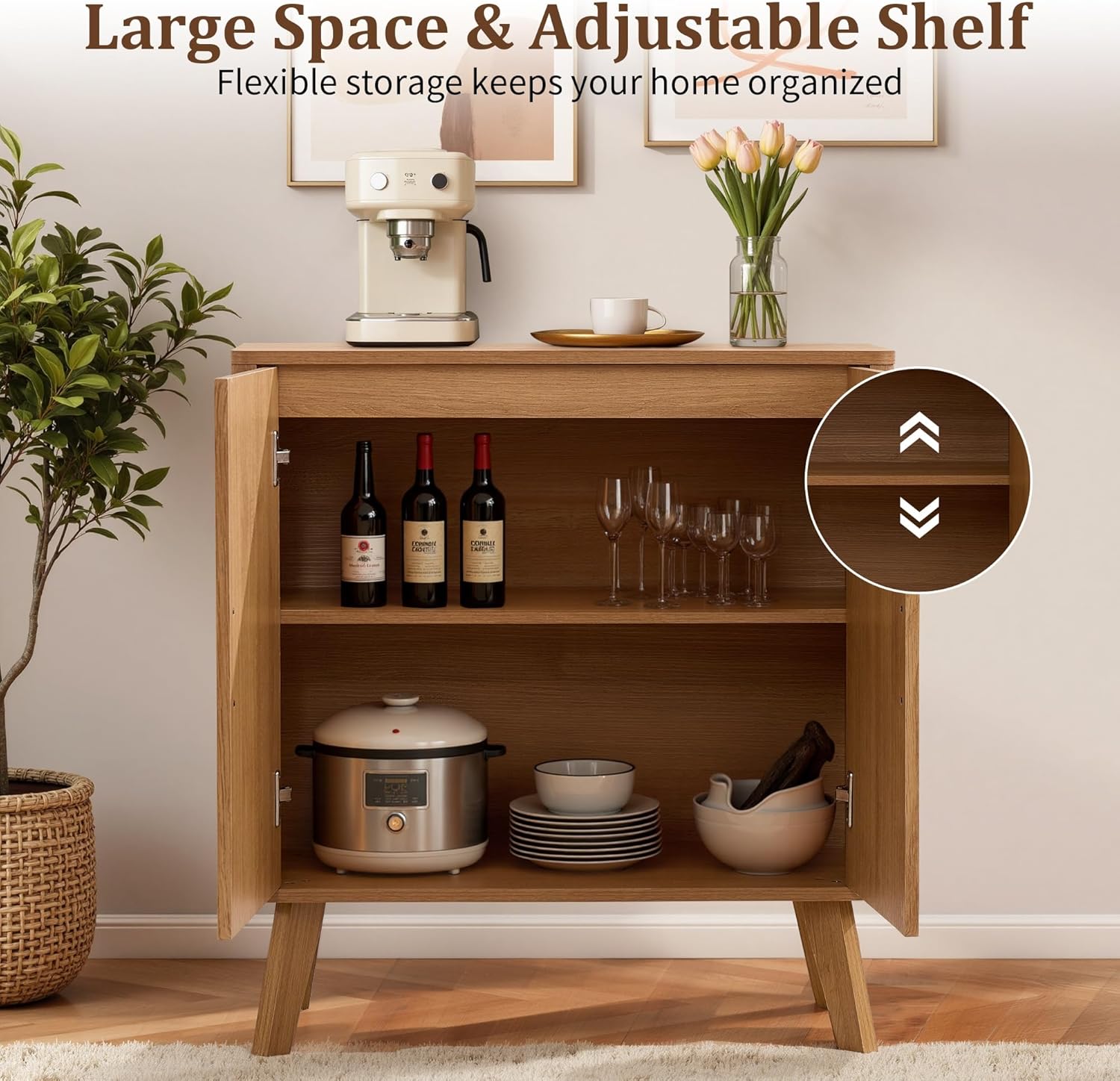 Sideboard Buffet Cabinet with Storage, Fluted Accent Cabinet with Adjustable Shelf, Coffee Bar, Wood Console Credenza for Living Room, Entryway or Kitchen