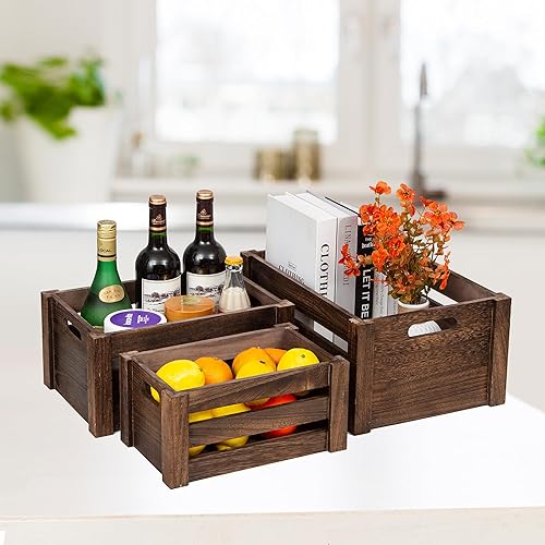 Miniatura 8 de Cajas grandes de madera negra vintage para exhibición,Juego de 3 cajas de madera con asas,Cajas de madera rústicas hechas a mano para almacenamiento