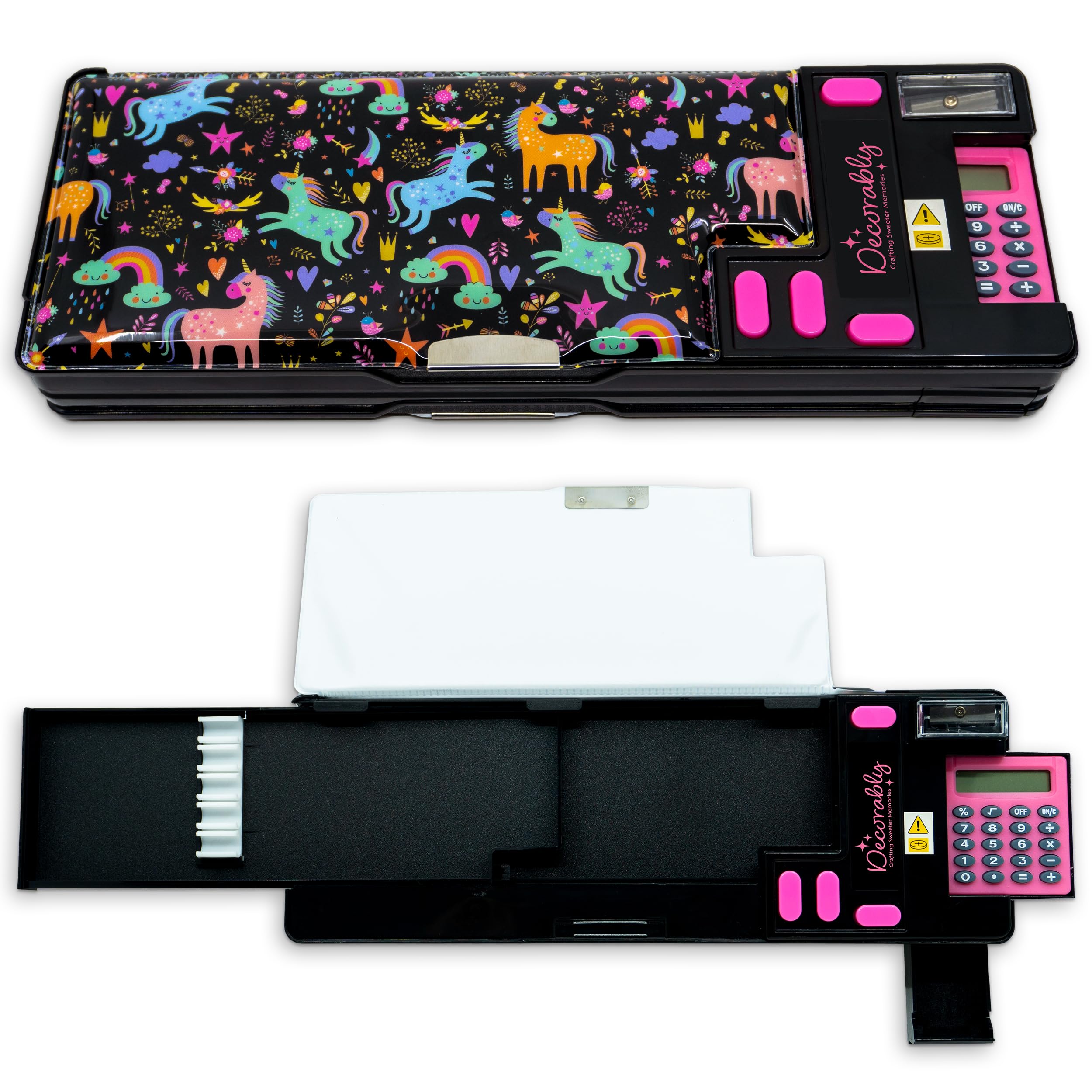 DecorablyUnicorn Pop Up Pencil Case with Compartments, Calculator, Sharpener, Pen Slots and Mini Drawer - Multifunctional Pencil Case for Girls with 2 Main Compartments