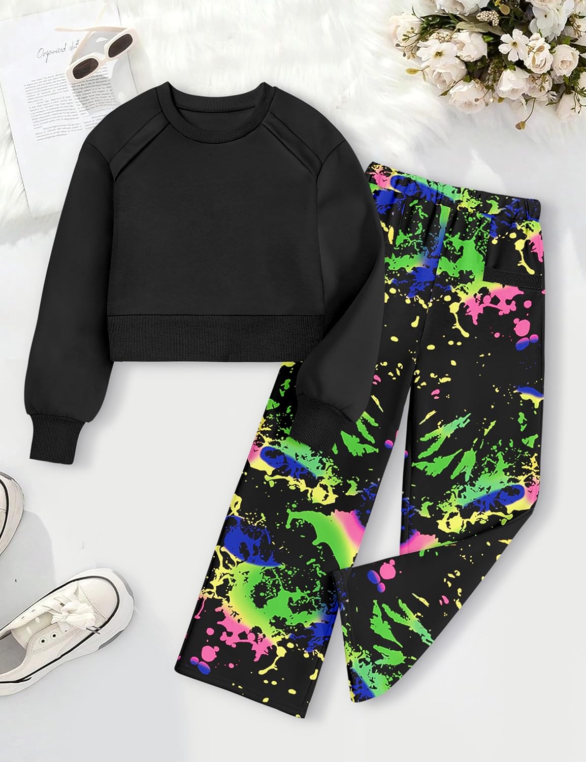 Girl Clothes, 2 Piece Girls Outfits Solid Crop Tops Plaid Wide Leg Pants with Pocket Kids Clothing Set Size 6-14 Year - Image 5