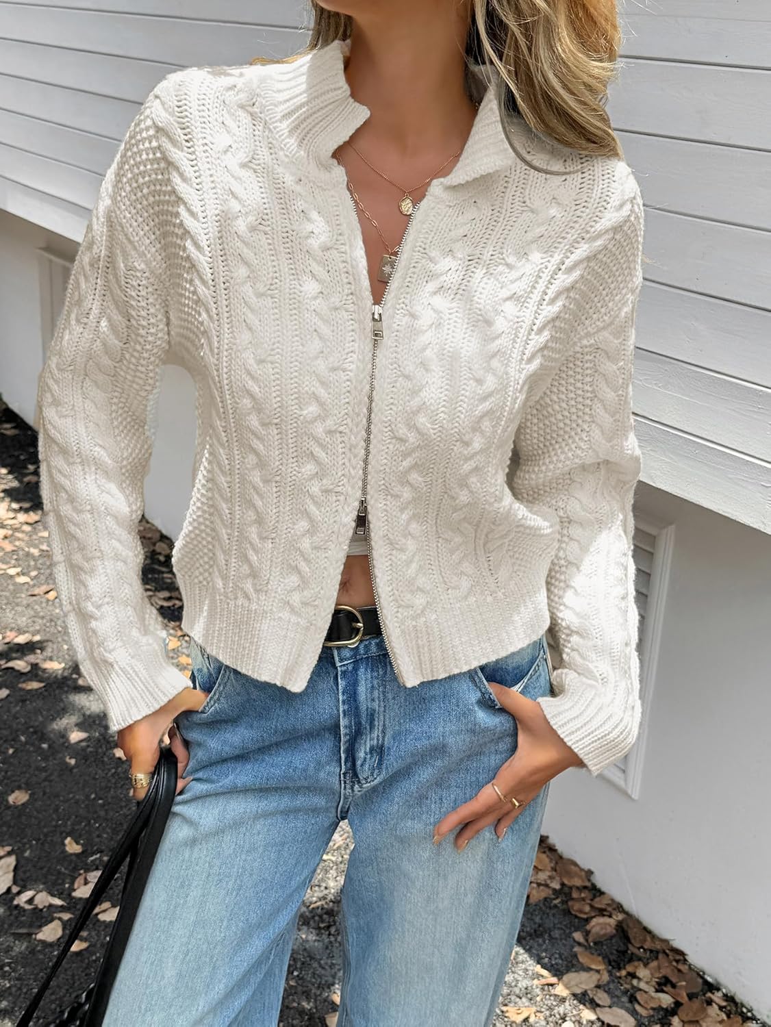 2026 Women Cable Knit Crop Cardigan Zip Up Sweater Jacket Vintage Chunky Y2k Grunge Aesthetic Clothes Fall Outfits