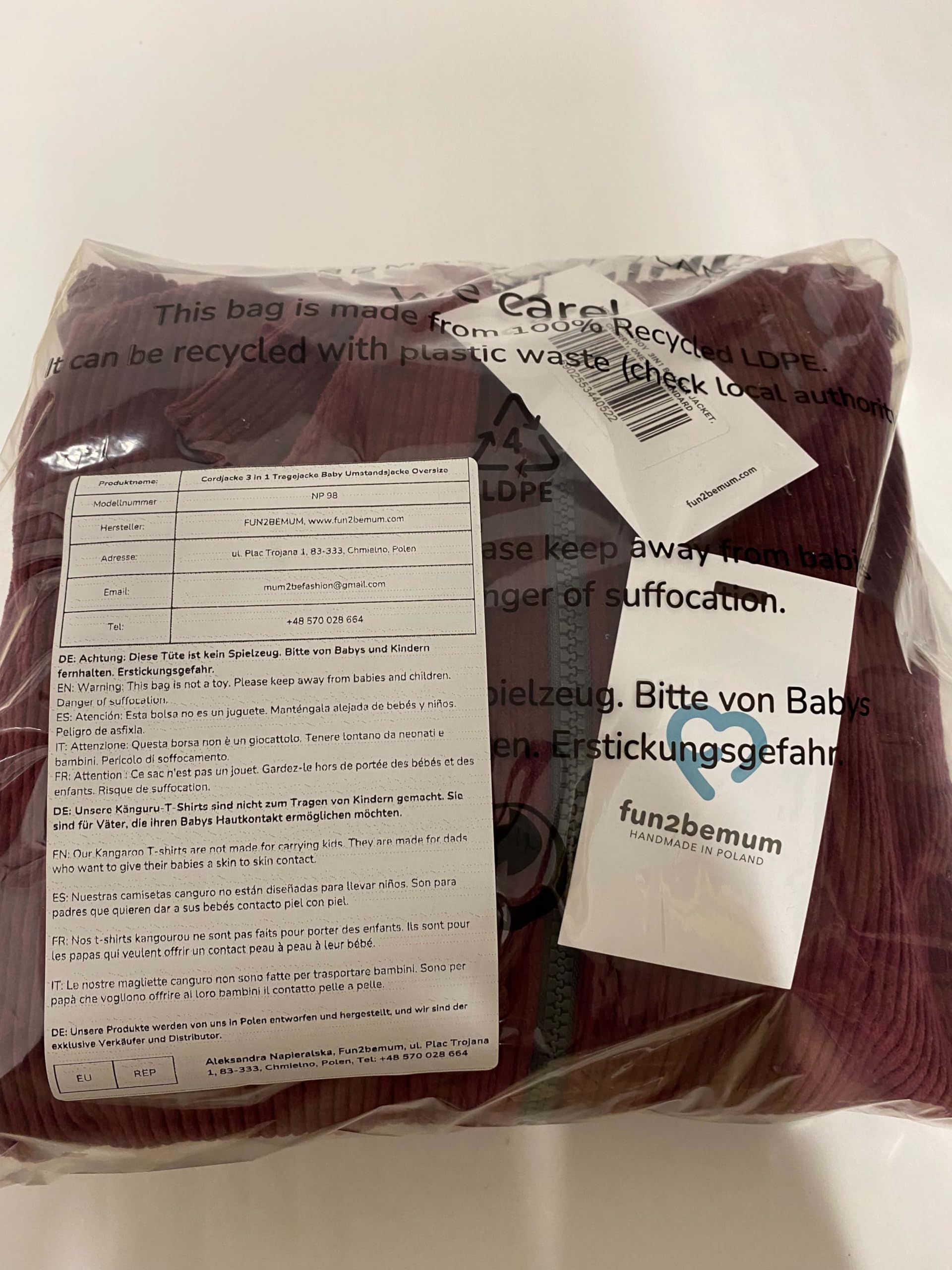 fun2bemum Cordjacke 3 in 1 Tragejacke Baby Umstandsjacke Oversize Herbstjacke für Mama mit Babytrage aus Baumwolle mit Einsatz (Standard, Cherry)