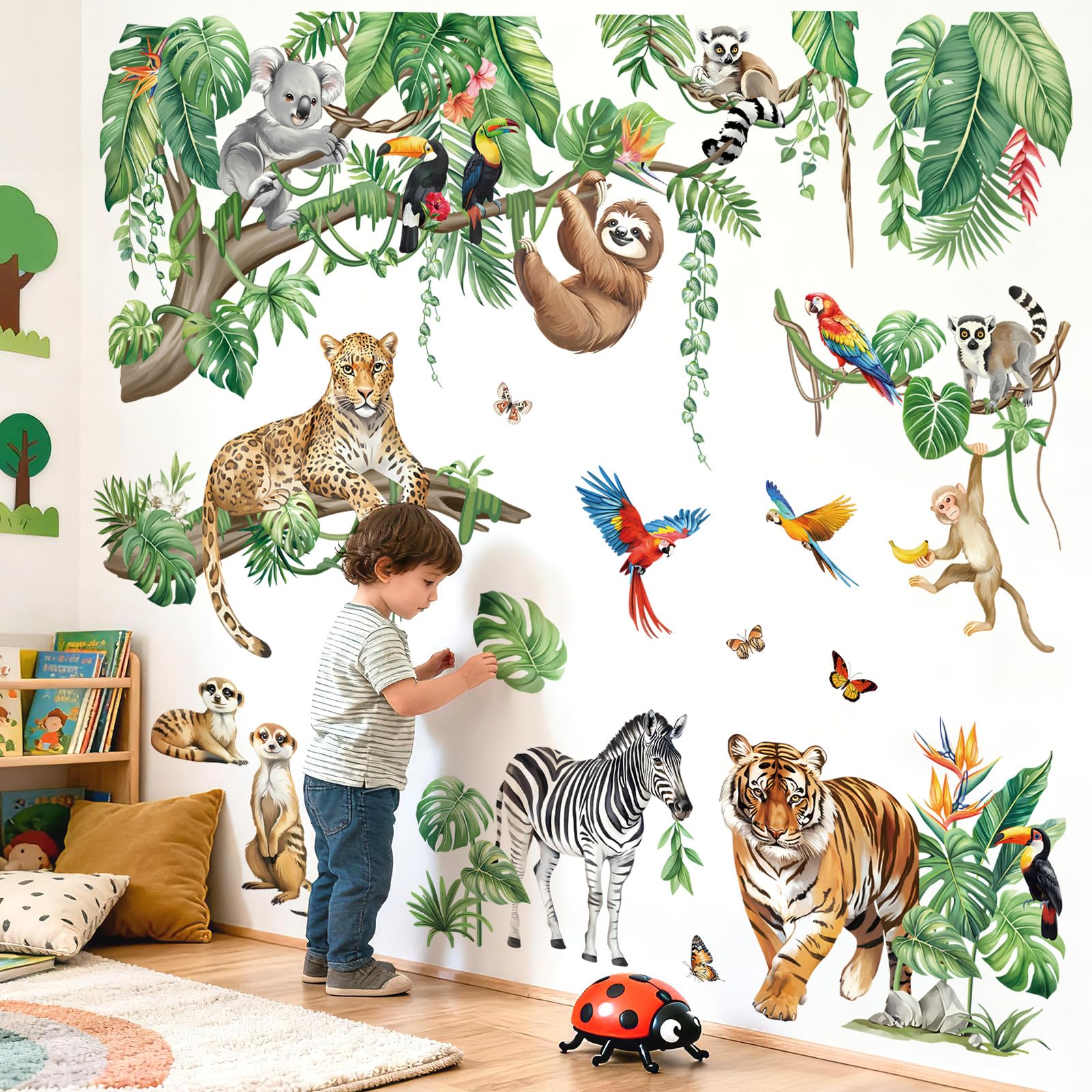 decalmile Stickers Muraux XXL Animaux de la Jungle Autocollant Mural Grand Feuilles Tropicales Animaux Safari Tigre Zèbre Décoration Murale Bébé Pépinière Chambre Enfants