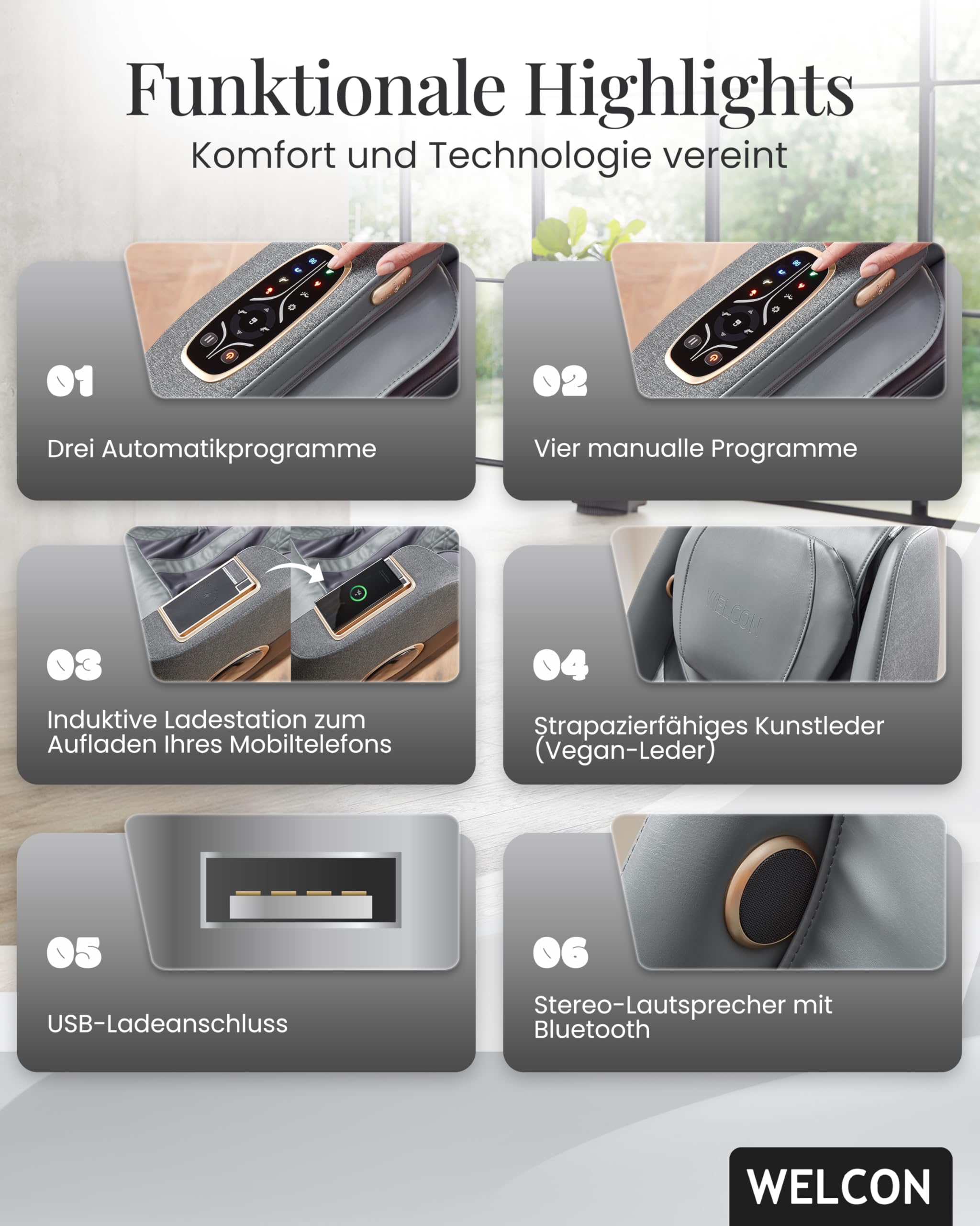 WELCON Easyrelaxx Plus 4D - Sillón de masaje eléctrico, color gris y negro | Sillón de masaje eléctrico con masaje Shiatsu, gravedad cero, función de calor y masaje de cuerpo entero