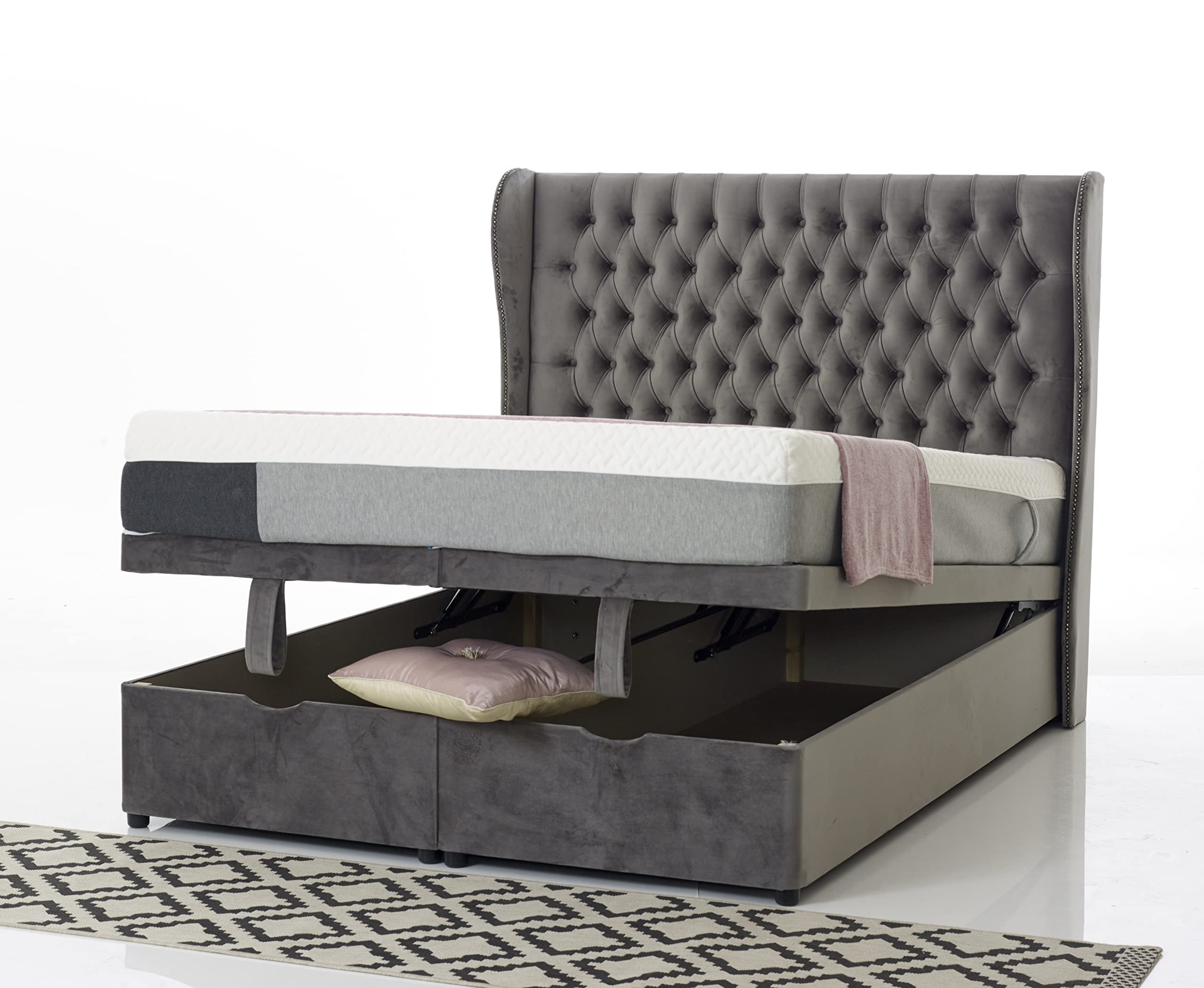 Serenity SleepGrey velvet Double divan ottoman bed with wing headbaord (single double king superkingsize)-Mattress option-Handmade in UK (without storage, single)
