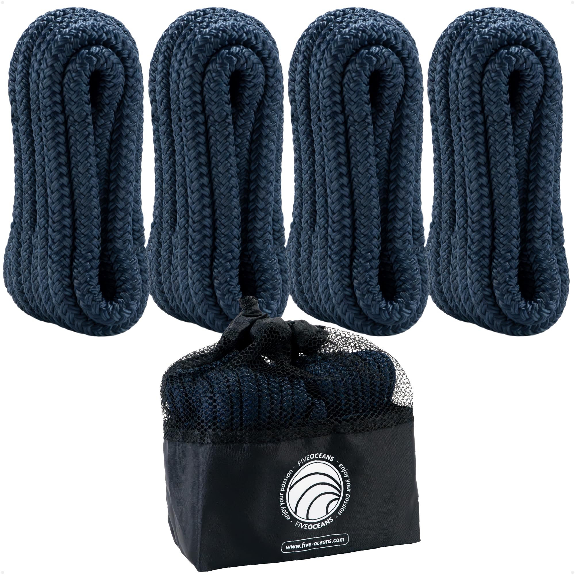 Five Oceans 3/8" x 6' Boat Fender Lines with 5" Eyelet, Boat Ropes for Docking with Loop, Marine-Grade Navy Blue Premium Nylon Double Braided Boat Rope, (Pack of 4) - FO4699
