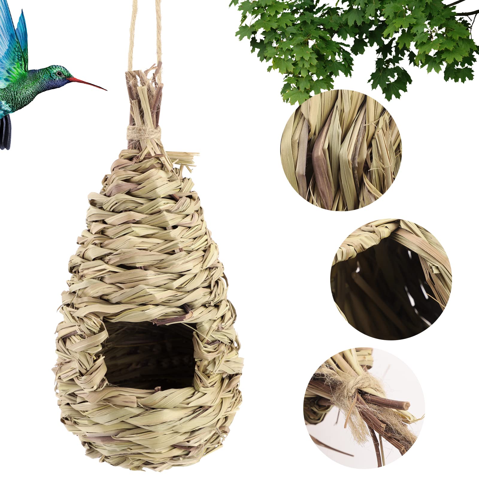 3 Pcs Bird Nest,Hummingbird House for Outside Hanging,Roosting Pouches for Birds,Grass Hanging Wren Finch Song Birds House for Nesting,Hand Woven Bird Nesting Boxes,for Garden Decoration,24x10.5 cm - Image 3