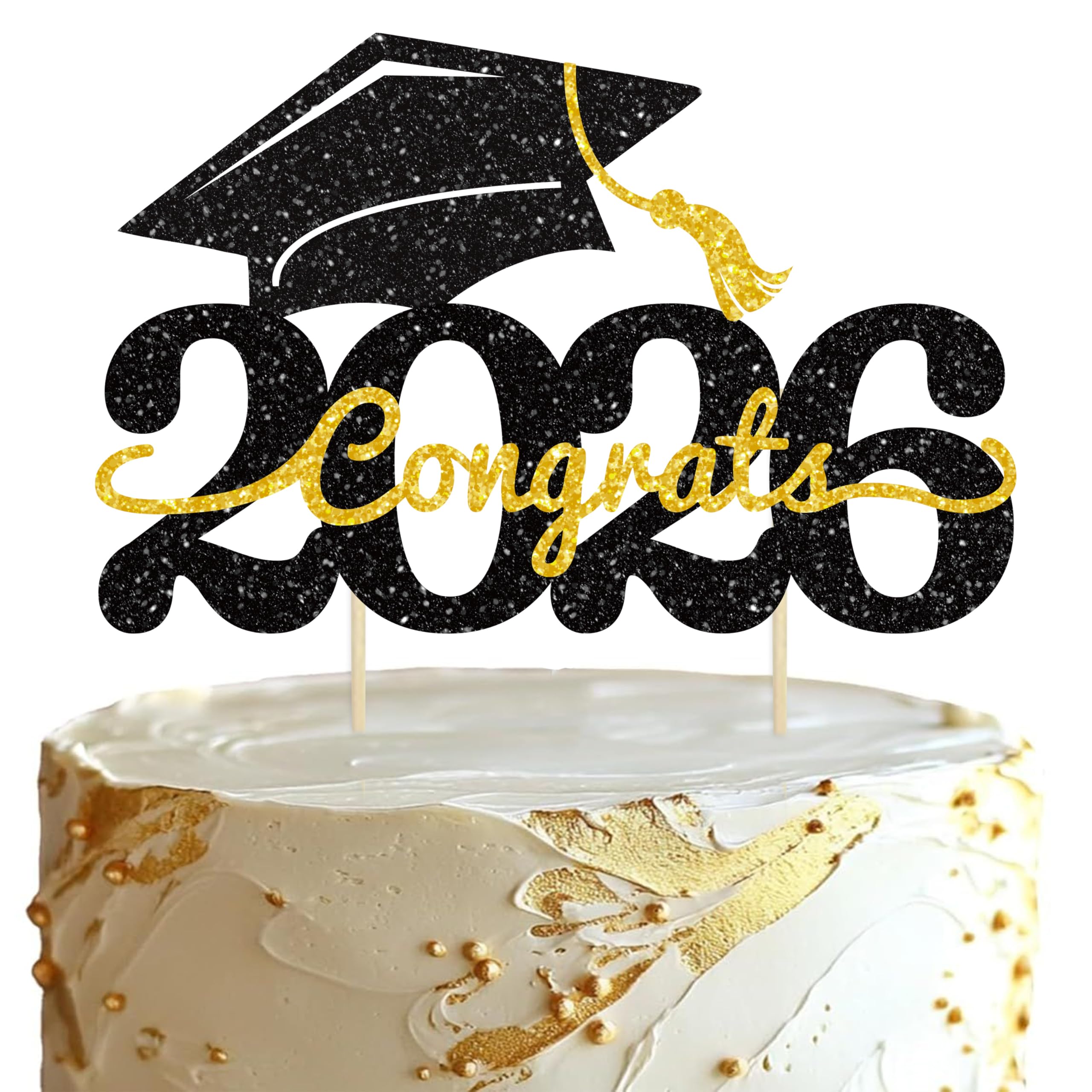 Photo 1 of 1 Pack Class of 2026 Cake Topper, Glitter Congrats Grad Cap Graduation Cake Pick for 2026 Graduation, High School Boys Girls Graduate Party Cake Decorations Supplies (Black & Gold)