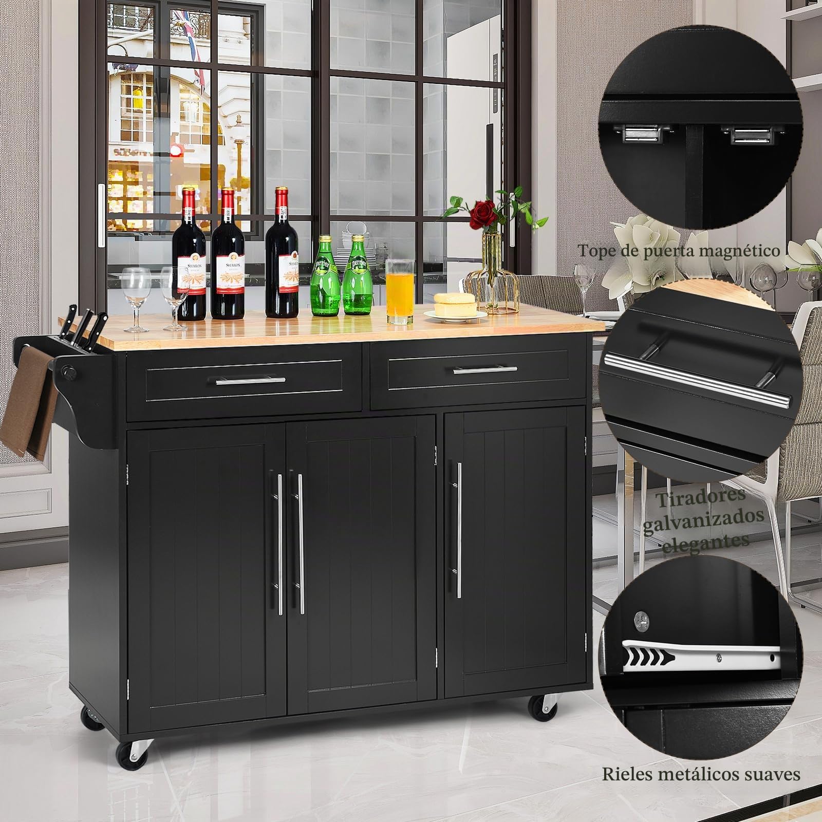 KOMFOTTEU Carrito de Cocina con Ruedas, Carro de Servicio con Encimera de Madera de Caucho, Isla de Cocina con Cajones, Toallero y Estantes Ajustables, Carrito Auxiliar, 122 x 46 x 92 cm (Negro)