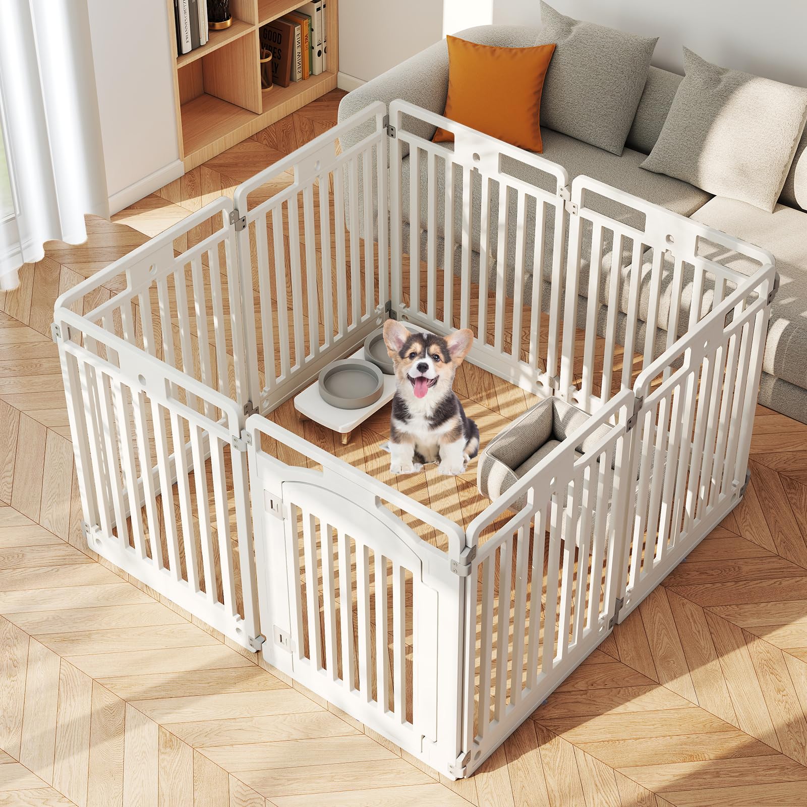 GYMAX Parque para Perros Plegable, Corral para Mascotas de 8 Paneles, con Puerta Bloqueable, para Perros Pequeños y Medianos, Jaula de Ejercicio, Uso Interior y Exterior, Blanco