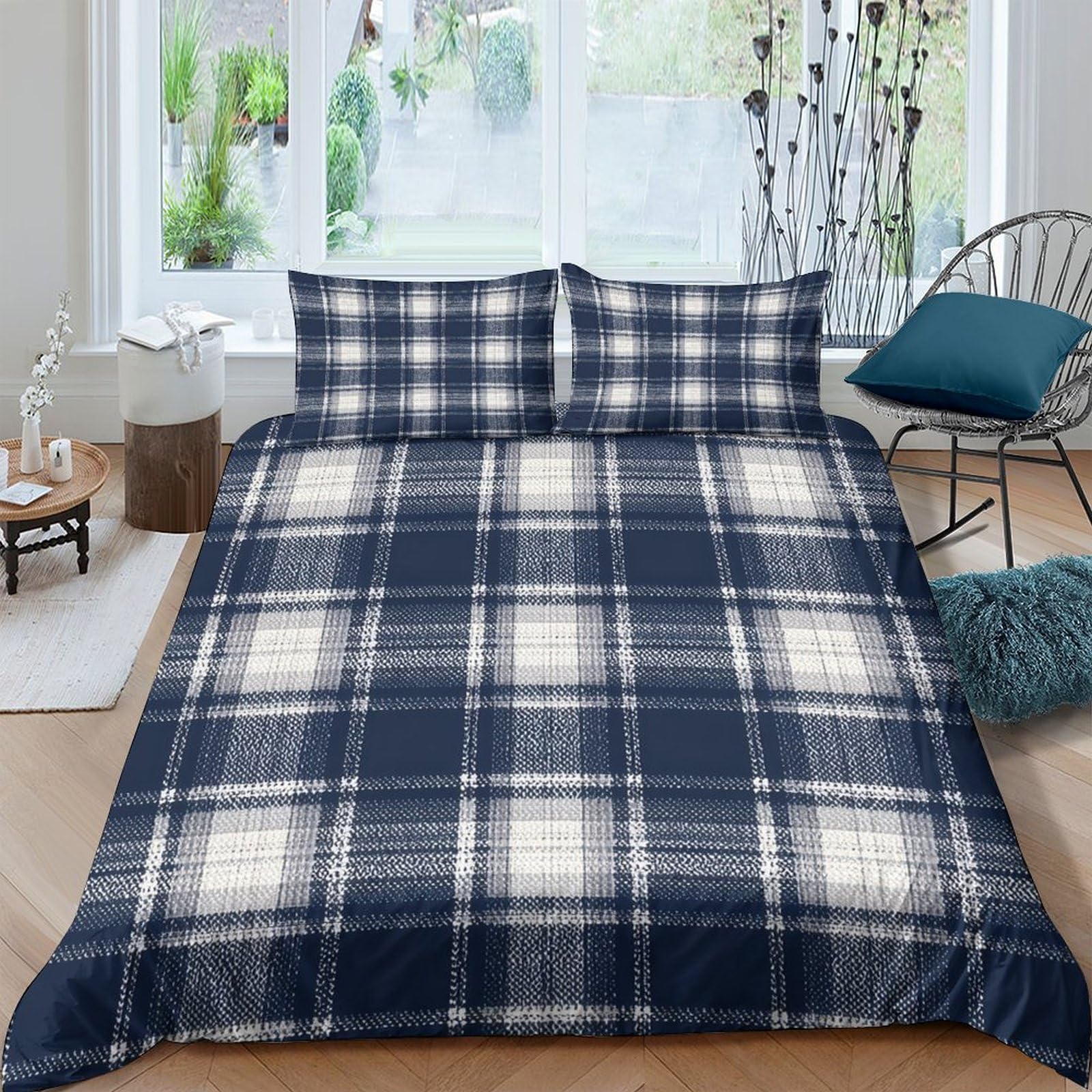 Ctjqhvkz Style-9 3D Printed Navy Blue Plaid Fitted Sheet Microfiber Soft Breathable Checkered Bed Cover For Bedroom Dorm Mattress Protection Decor Single（135X200cm）