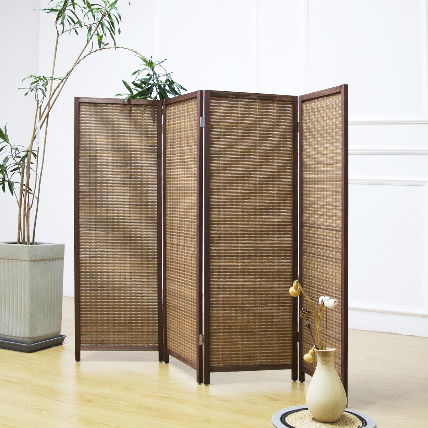 Furnnylane PF2500804 Séparateur de pièce à 4 panneaux – Paravent pliable double face en bambou pour séparation de pièce – Marron – 120 x 156 cm (H x l)