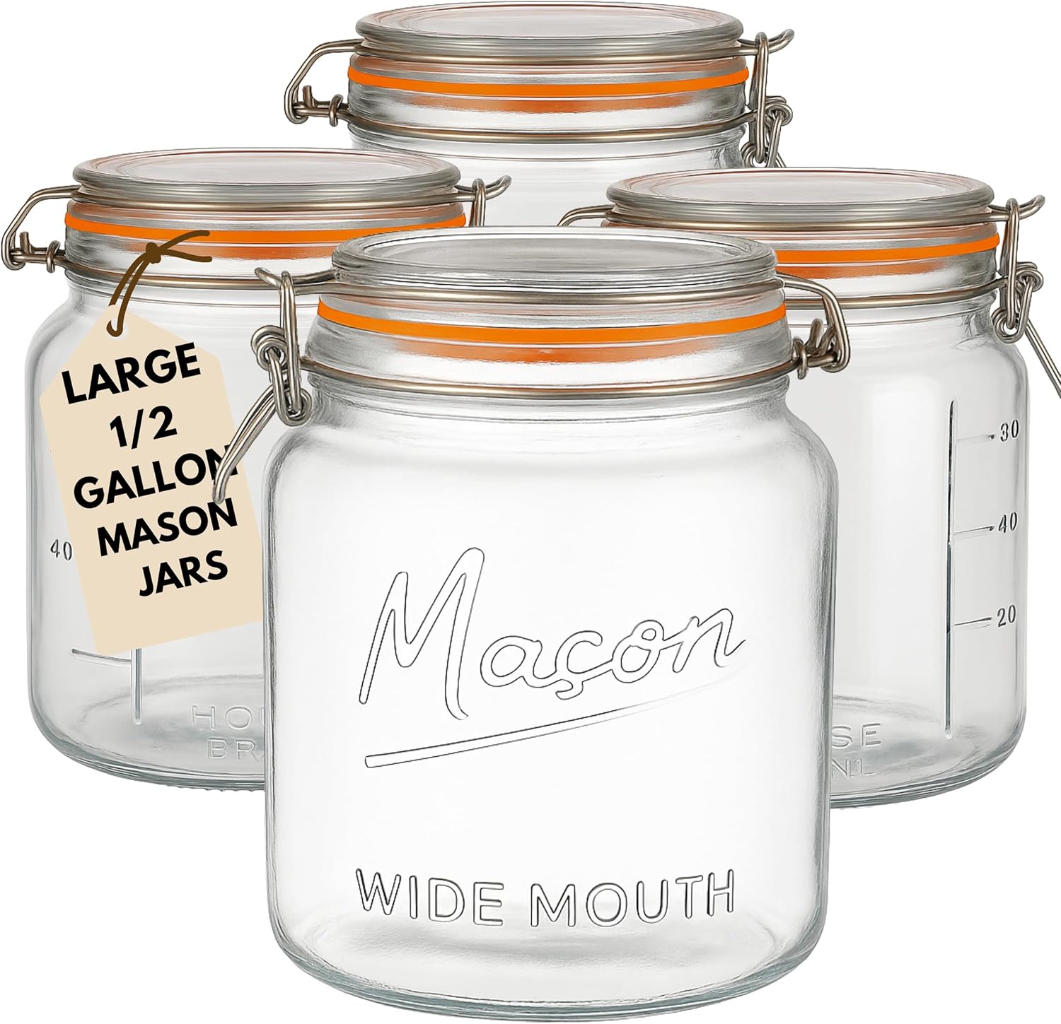 kitchentoolz Large Glass Mason Jars with Airtight Lids - Half Gallon Food Storage & Canning Jars with Measurement Markings - Kitchen Pantry Containers for Flour, Sugar & Dry Goods - 64 oz (4pk)