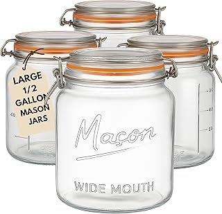 kitchentoolz Large Glass Mason Jars with Airtight Lids - Half Gallon Food Storage & Canning Jars with Measurement Markings - Kitchen Pantry Containers for Flour, Sugar & Dry Goods - 64 oz (4pk)