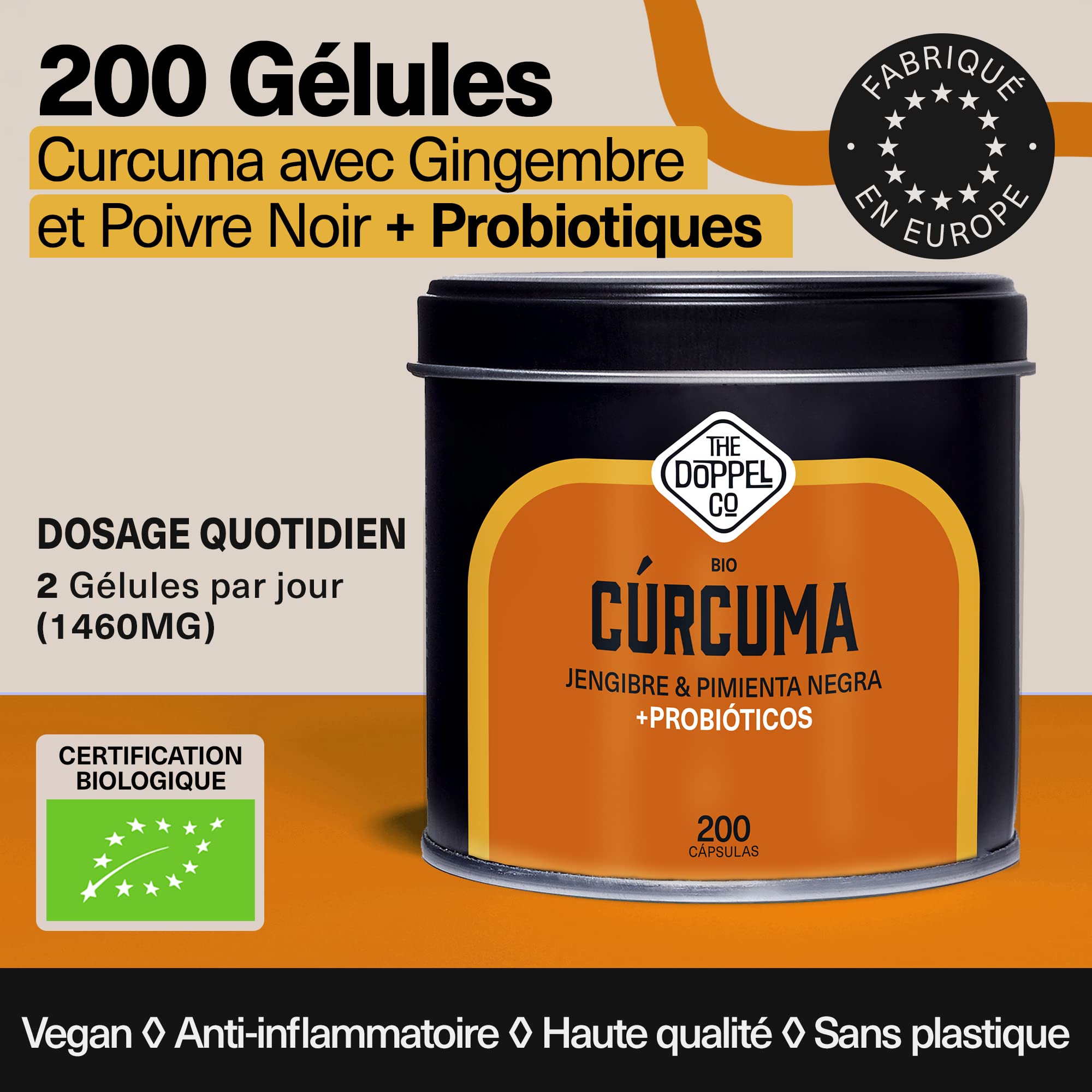 200 Gélules de Curcuma Bio avec Probiotiques, Gingembre et Poivre Noir - Dose Maximale 1460mg - Antioxydant et Anti-inflammatoire Naturel - Os et Articulations - Certifié Biologique