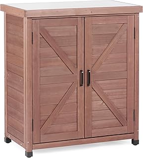 Outdoor Potting Bench with Storage Cabinet and Metal Top, Wood Workstati...