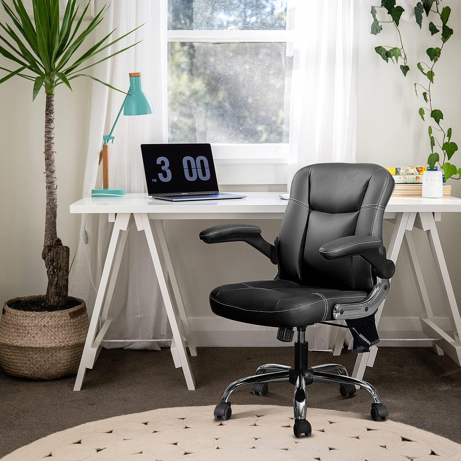 B2C2B Ergonomic Executive Home Office Desk Chairs for Adults,Comfy PU Leather Computer Chairs,Mid-Back Rolling Task Chair with Flip-up Arms and Wheels,Swivel,Black : Home & Kitchen
