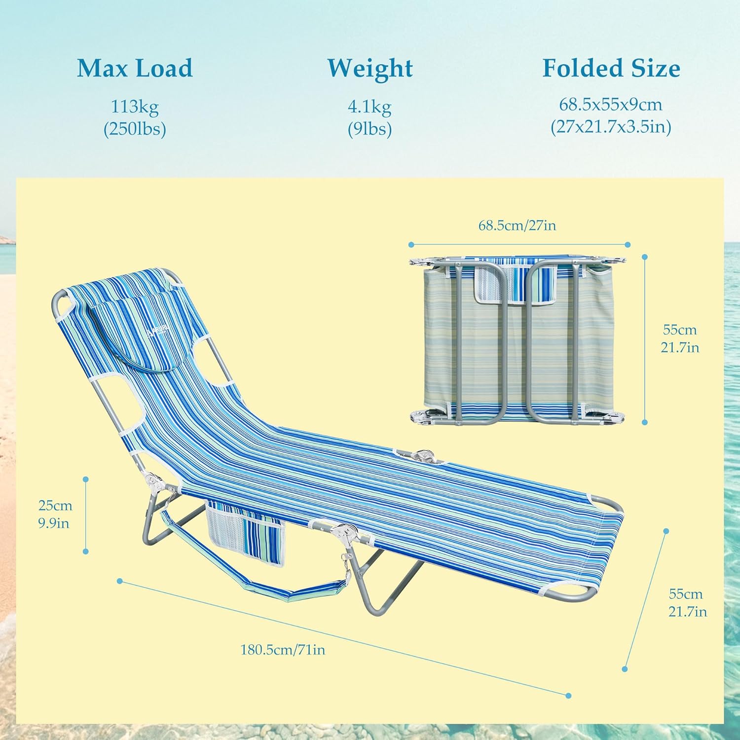 Beach Lounge Chair, Outdoor Chaise Lounger with Face Hole, 5-Position Reclining Beach Chair Face Down Tanning Chair with Carry Strap,Side Pocket, Portable Camping Cot for Patio,Poolside