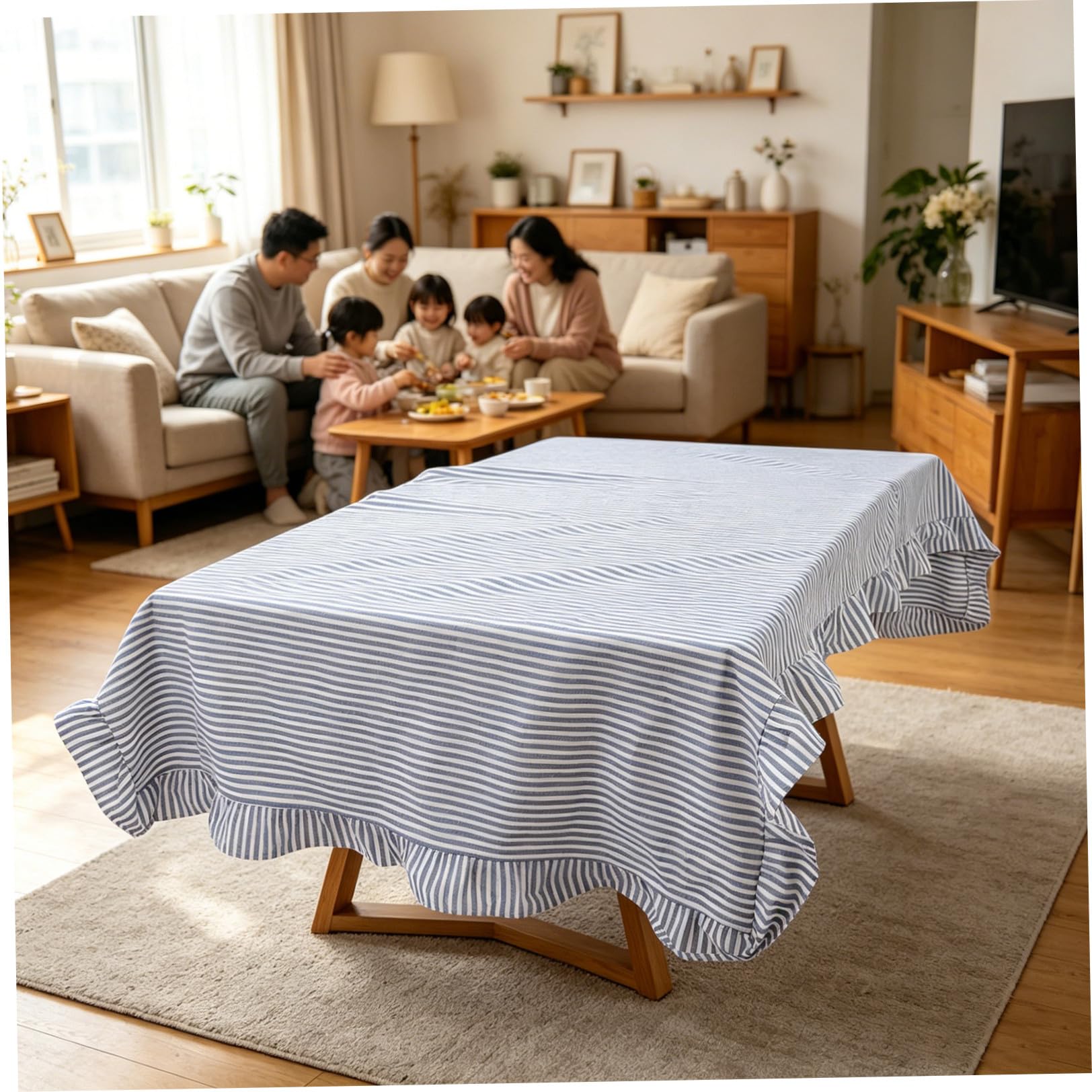 Mantel Lavable y Resistente al Desvanecimiento 60x120 Pulgadas Estilo Granja de Algodón Volantes Azul y Blanco para Mesa Rectangular Adecuado para Comedor y Fiestas