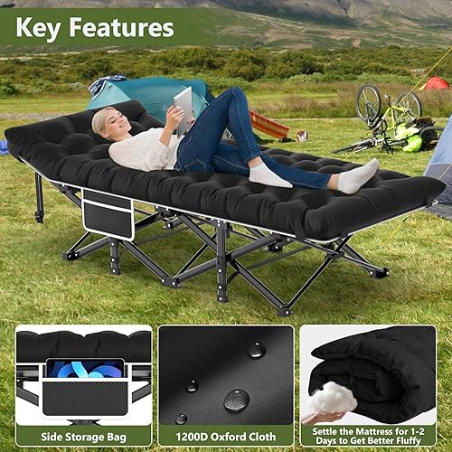 Miniatura 6 de Slendor Catre de campamento, catres plegables para adultos, catre de dormir portátil con bolsa de transporte, 1200D de doble capa Oxford, cama de