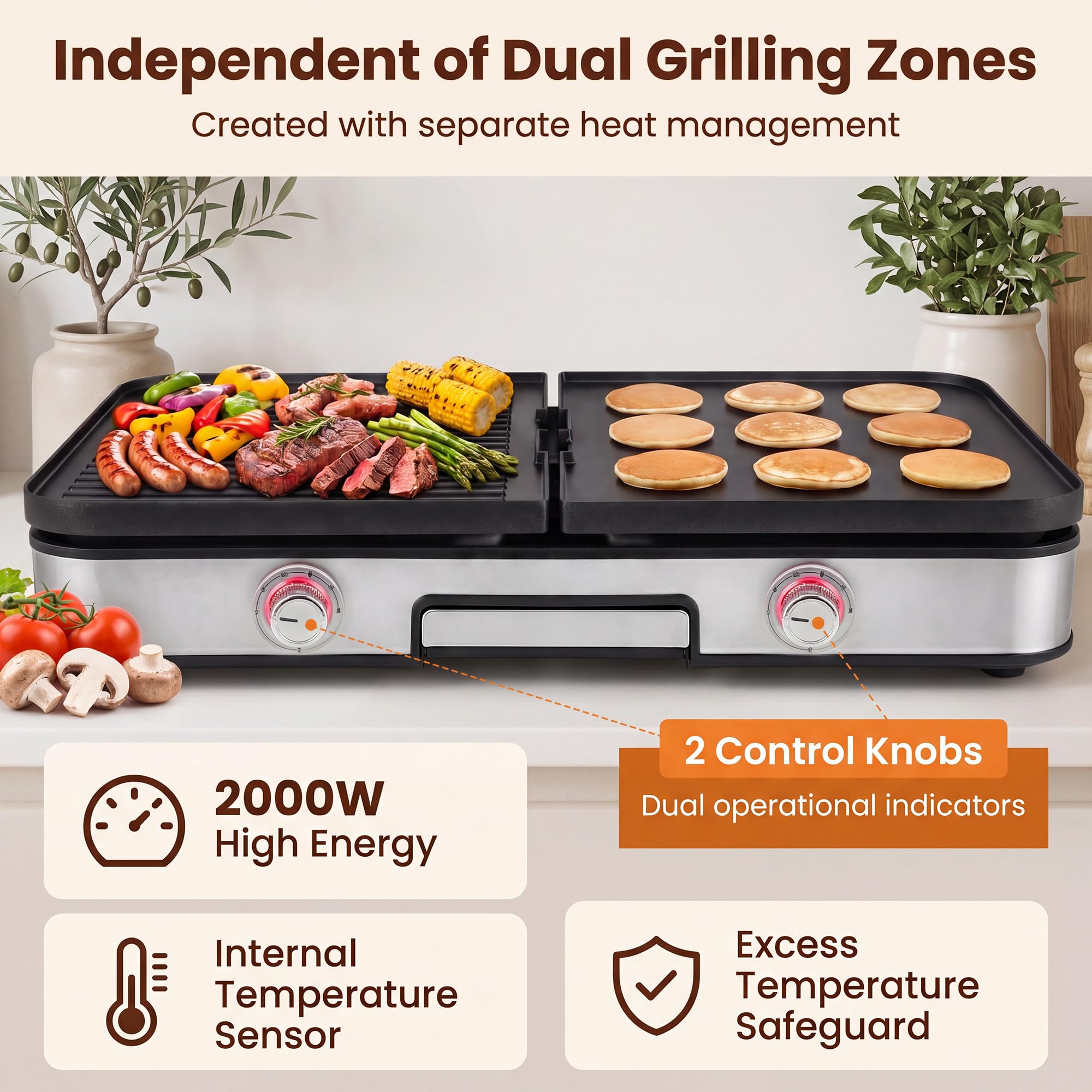 LIFEZEAL Tischgrill 48 x 31 cm, Elektrogrill 2000 W, Elektrischer Plattengrill Indoor mit 2 wendbaren Platten, Elektro-Grillplatte Griddle für Haus, Balkon, Camping
