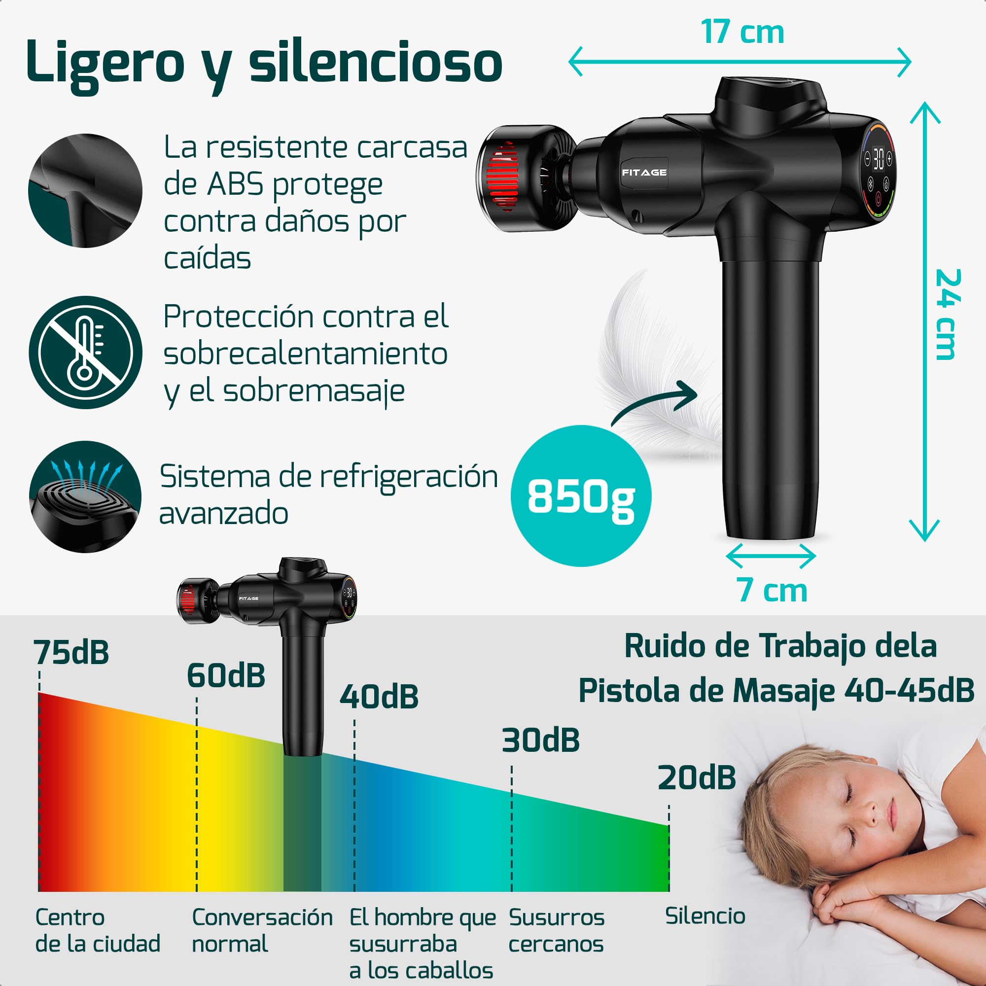 FITAGE Pistola de Masaje Muscular– Masajeador Profesional con 30 Niveles de Velocidad y 8 Cabezales para Relajación Profunda y Recuperación Muscular- Premium