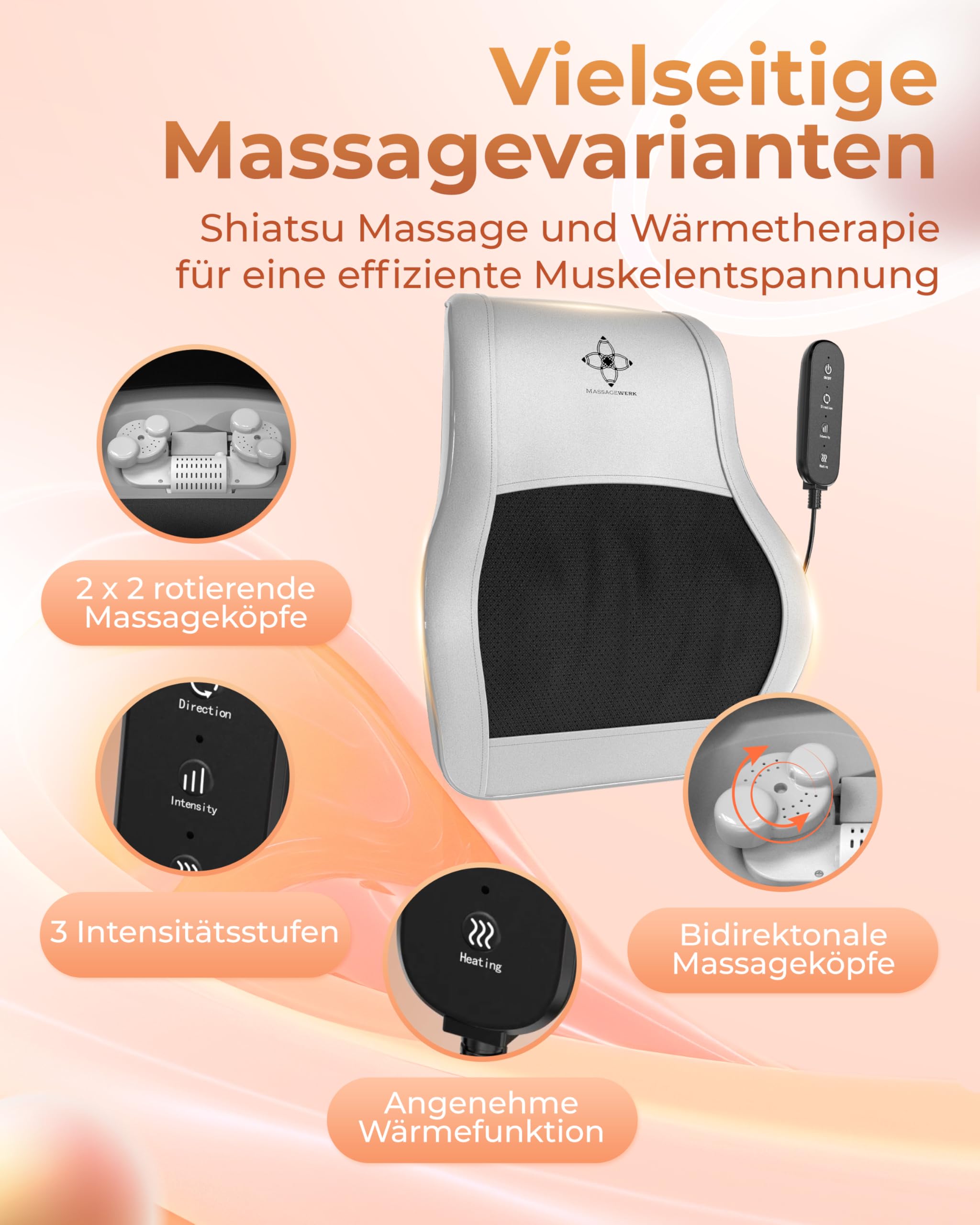 Masajeador de cuello y espalda Shiatsu eléctrico con función térmica ergonómica para aliviar la tensión muscular y el dolor
