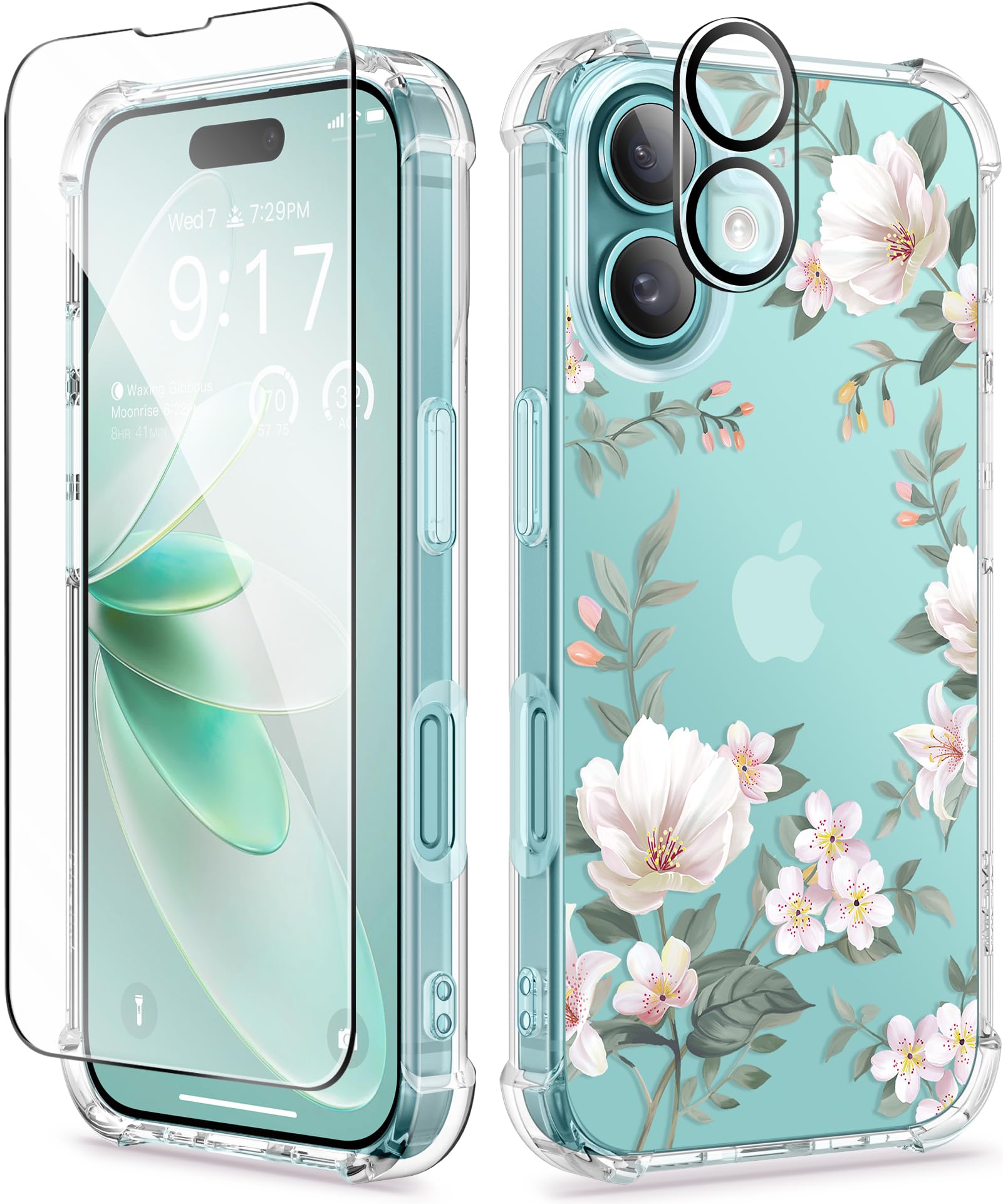GVIEWIN Compatible with iPhone 16 Plus Case 6.7" 2024 with Screen Protector&Camera Lens Protector, Clear Floral Anti-Scratch Shockproof Drop Protection Cover for Women Girl, Magnolia/White