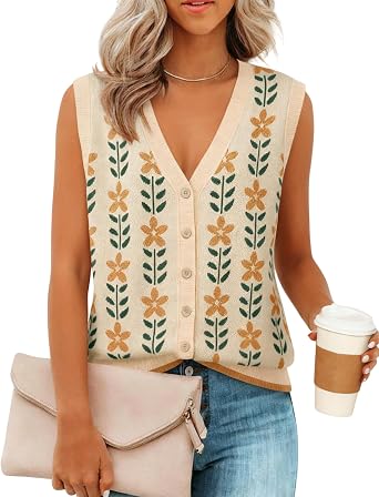 Lianlive Womens Sweater Vest Sleeveless Floral Printed V-Neck Knit Tank Tops Button Down Fall Cardigan Vests