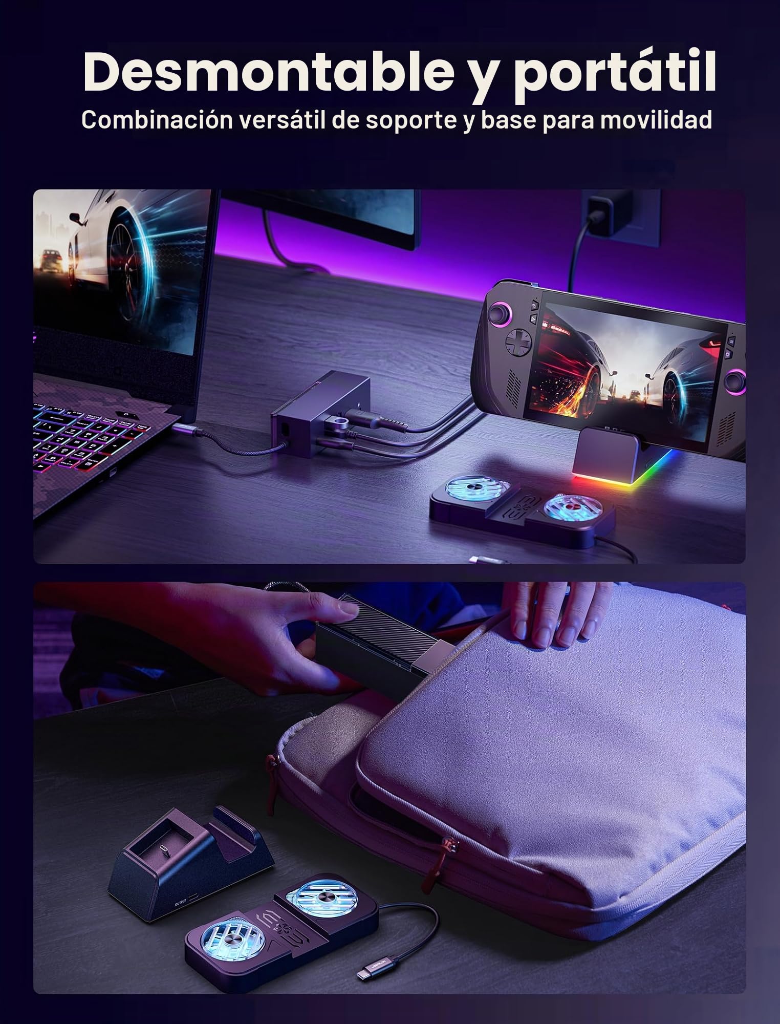 JSAUX Estación de acoplamiento para ROG Ally X/ROG Ally/Steam Deck/Legion Go, base 7 en 1 para ROG Ally X con ventilador de refrigeración RGB, HDMI 4K a 120Hz, Gigabit Ethernet, USB dual y USB C 3.0