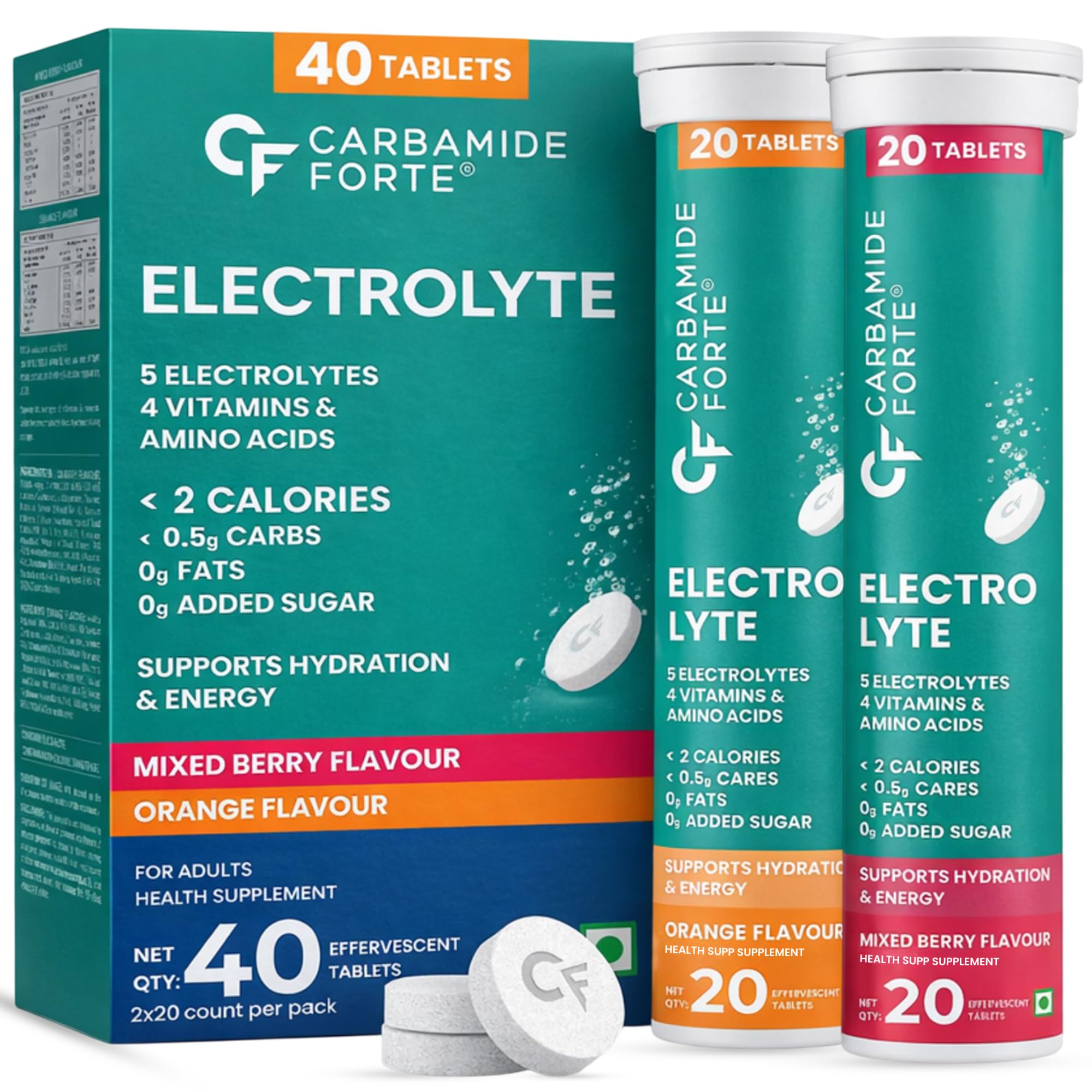 Carbamide Forte Electrolyte Effervescent Tablets for Sustained Energy & Hydration with 5 Essential Electrolytes no sugar + 4 Vitamins & Amino Acids | Pack of 20 Tablets x 2