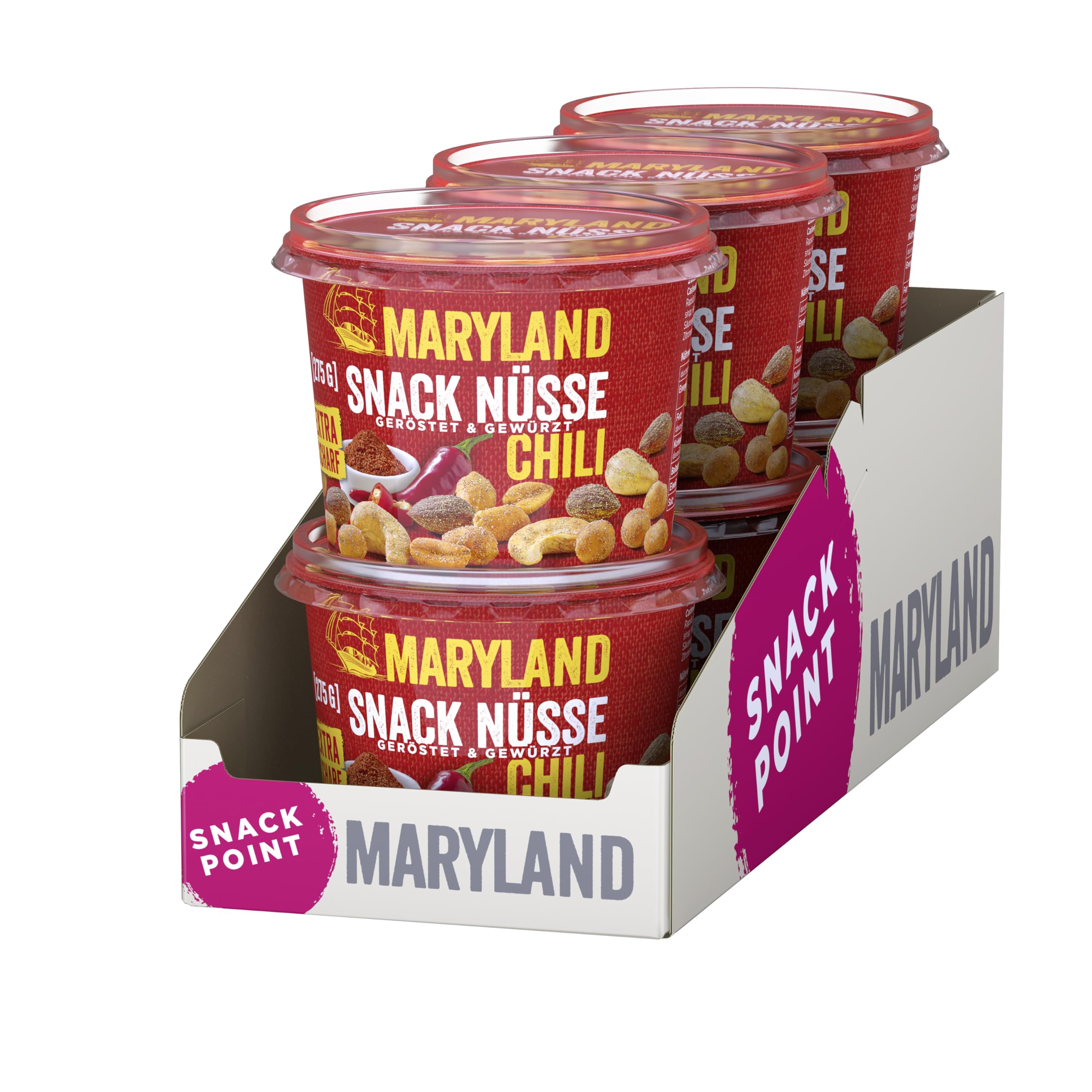 Maryland Snack Nüsse Chili 275g Becher Vorratspack - Erdnüsse, Cashewkerne und Mandeln in Nussmischung - knackig-scharf gewürzt und geröstet - wiederverschließbarer Becher (6 x 275g)