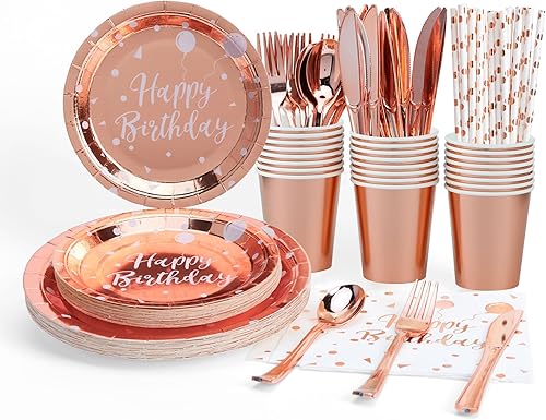 fanquare Juego de vajilla desechable de oro rosa, 192 piezas de globos blancos para fiesta de cumpleaños de 24 invitados, platos de papel y