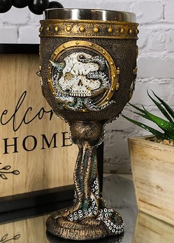 Miniatura 9 de Ebros Nautical Cthulhu - Calavera humana cósmica de pulpo gigante en marco de ojo de buey con ancla copa de vino de 7 onzas, cáliz de bebida de