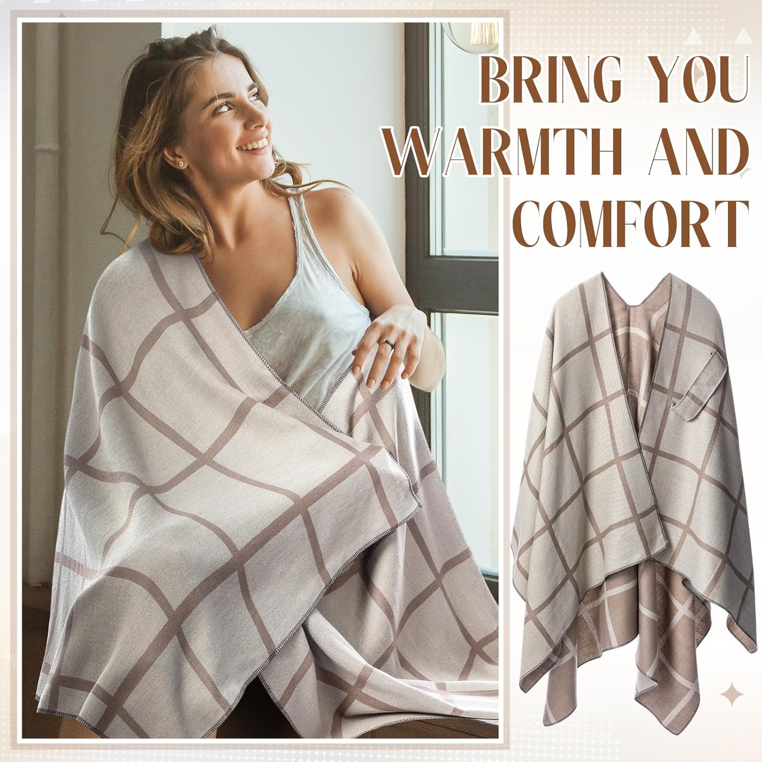 2 Pcs Women's Shawl Wrap Open Front Poncho Soft Plaid Shawl Cardigan Cape Scarf Sweater for Spring Fall Winter - Image 5