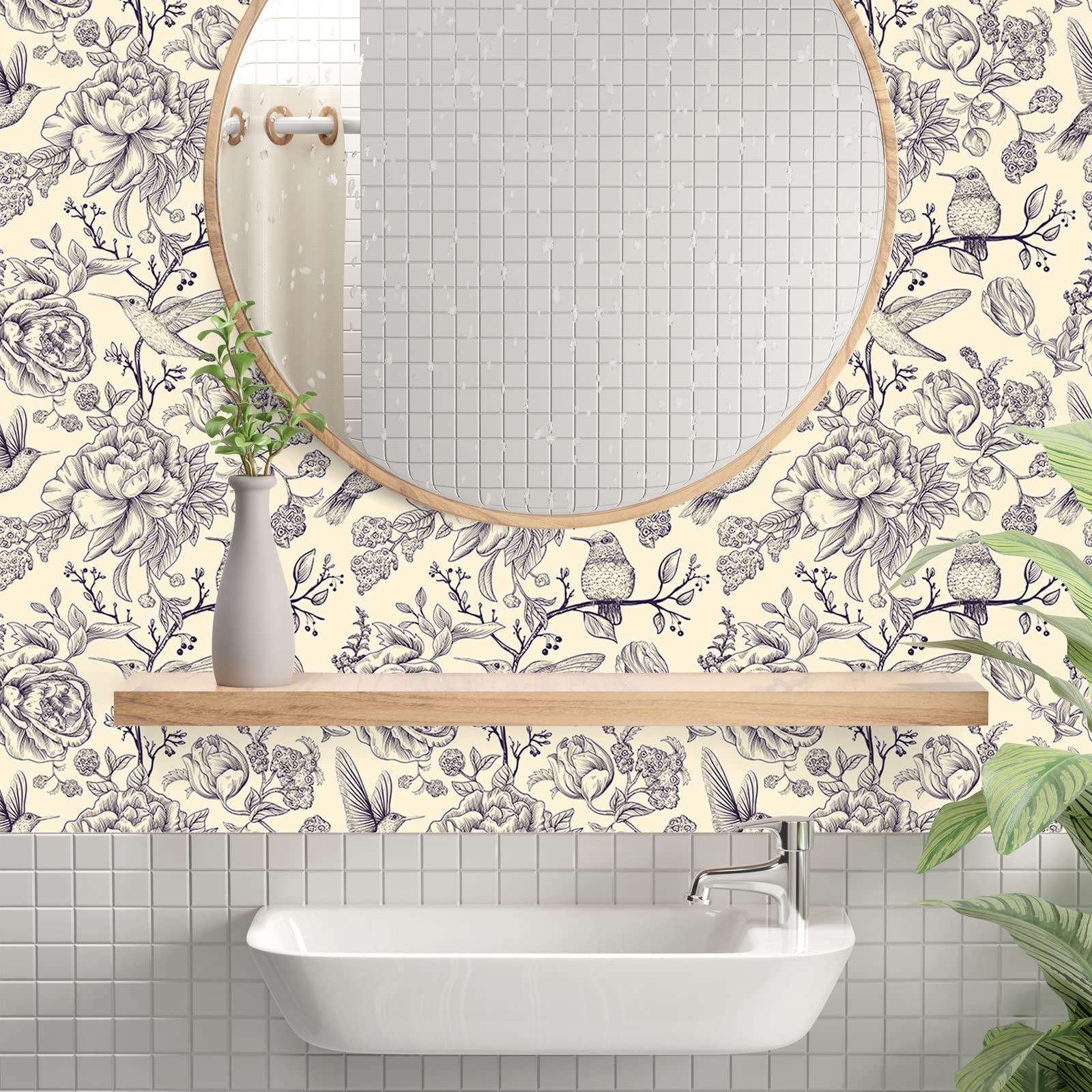 VEELIKE Papel Pintado Flores y Pajaros 44.5cm×900cm Papel Autoadhesivo Pared Flores Beige Hoja Tropical Fotomurales Decorativos Pared Dormitorio Salon Papel de Pared Baño Papel Forrar Mueble Encimera