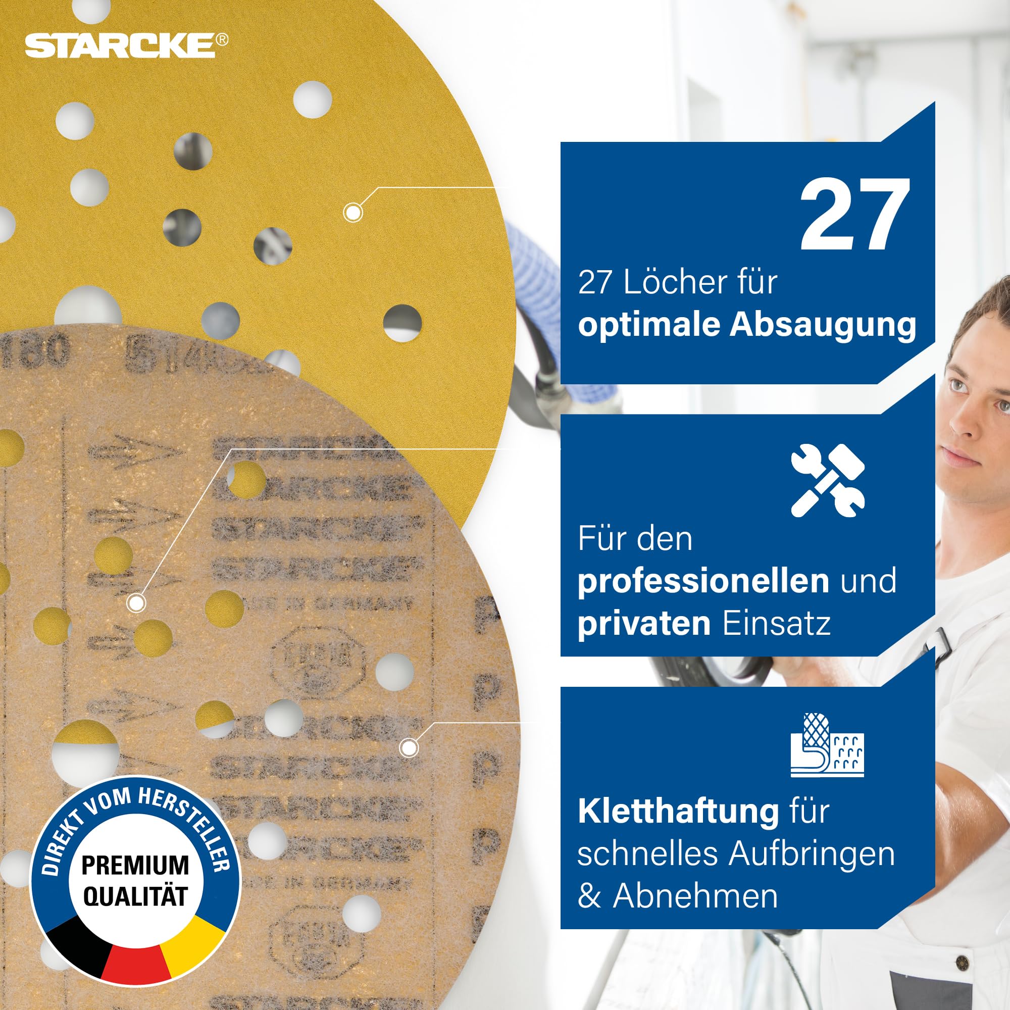 STARCKE® Schleifscheiben 225mm Klett AIR-GIANT - MADE IN GERMANY - [25x] - für 27-Loch Langhalsschleifer, Trockenbauschleifer - Trockenbau, Malerarbeiten, Farbe, Lack, Spachtel (P40, 25x)