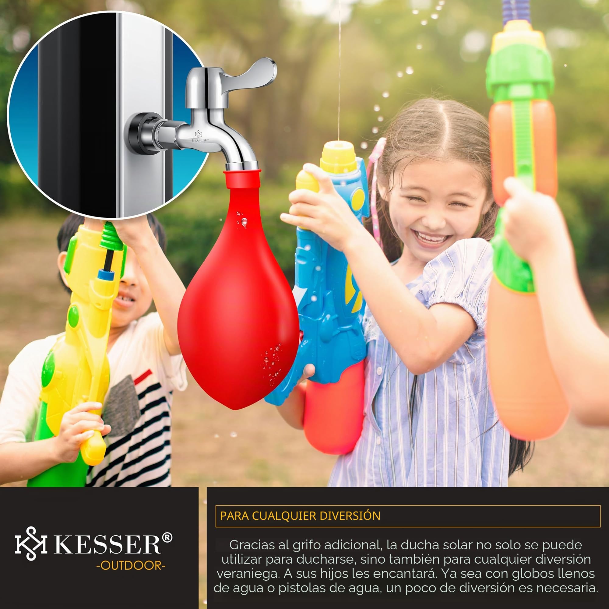 KESSER® Ducha solar de 40 litros para jardín, incluye bandeja de ducha de metal y cubierta protectora, agua caliente, máx. 60 °C, ducha para piscina, camping, cabezal de ducha de lluvia y grifo, color