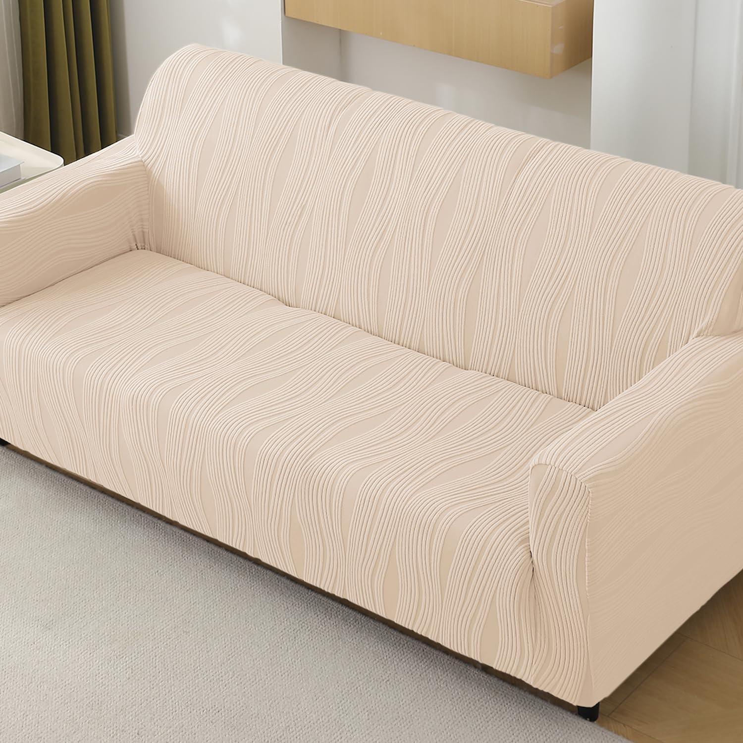 HOKIPO 200 GSM Premium Knitting Jacquard Sofa Cover 3 Seater Fully Covered, 'Nestiva Series' Skimmed Cream (NEW2-AR-5309-CRM)-image-8