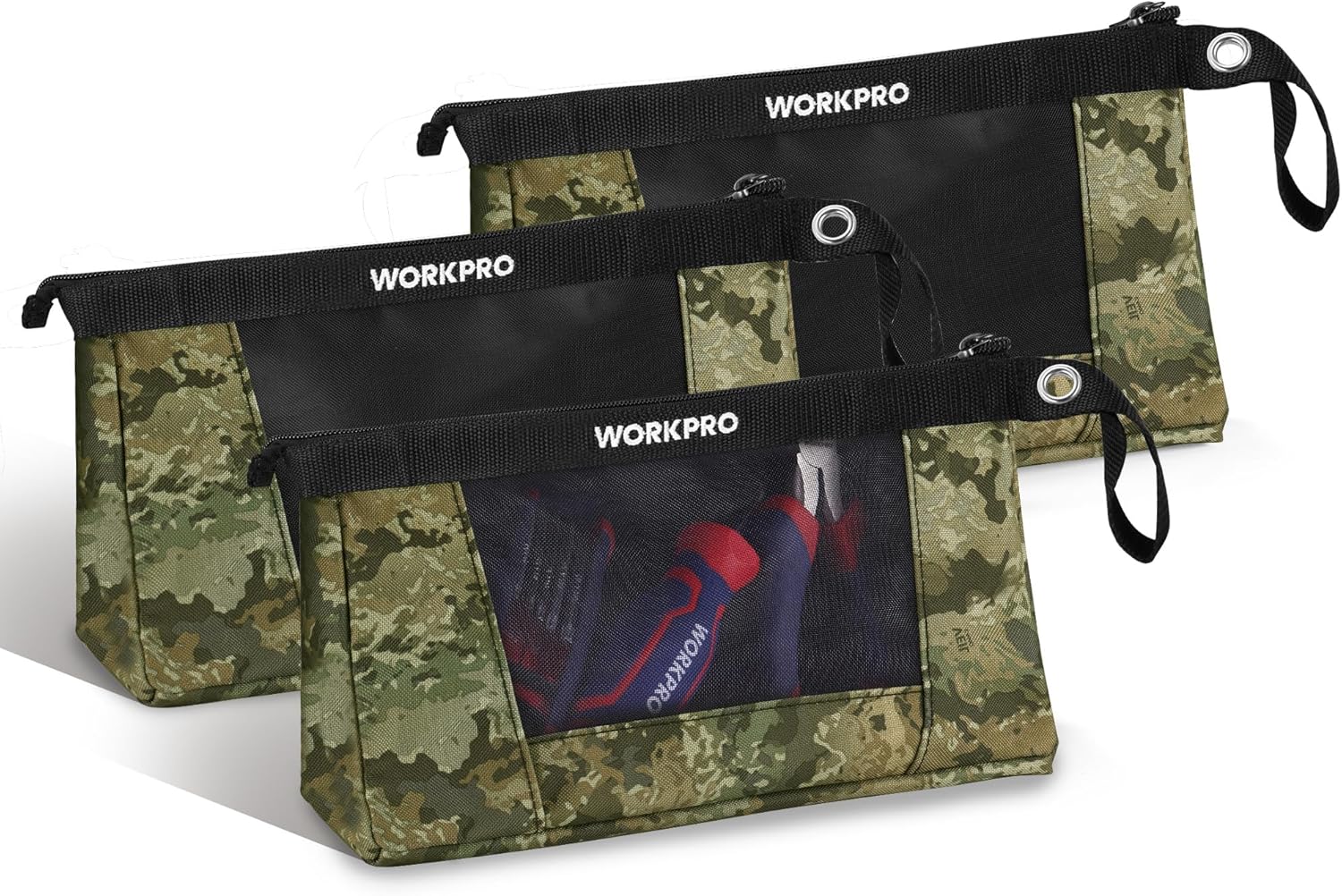 WORKPRO 12" Tool Pouches with Zipper, Heavy-Duty Small Tool Bag, Utility Small Tool Pouch for Tool Organizers and Storage, Mini Tool Bag, 3 Pack, Camo