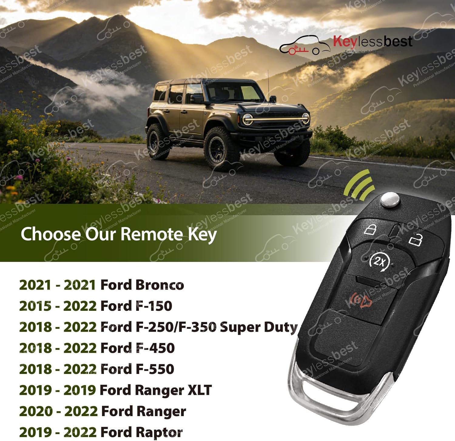Replacement for 2019 2020 2021 2022 Ford Bronco F-150 F-250 F-350 Super Duty F-450 F-550 Ranger Ranger XLT Raptor Key Fob Remote Control N5F-A08TDA 4 Buttons 902MHz