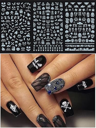 Miniatura 5 de 15 hojas de calcomanías de arte de uñas de Halloween, calcomanías de EBANKU 3D autoadhesivas con láser de calabaza, bruja y esqueleto, calcomanías