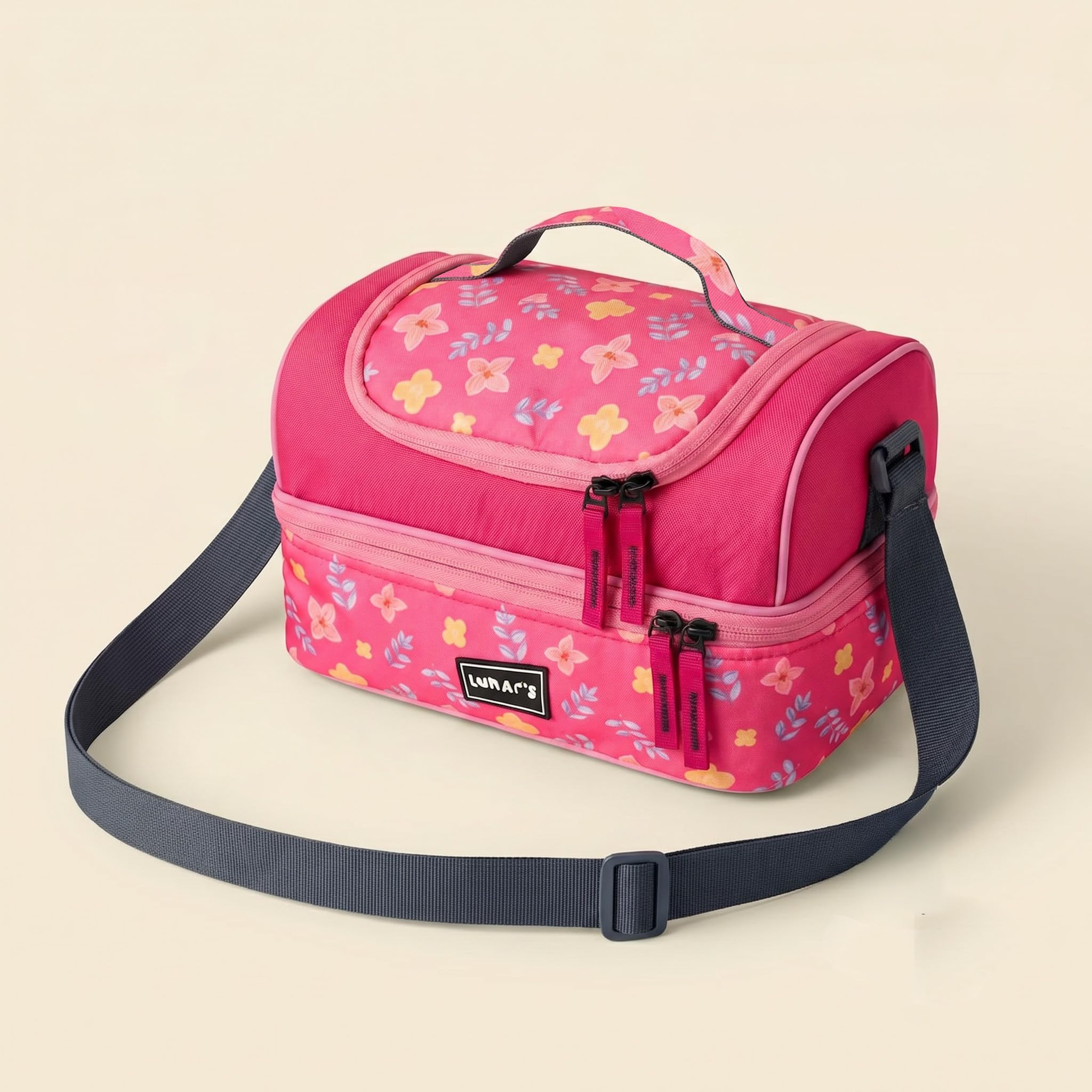 Lunar's Dual Compartment Lunch Bag for Women & Kids | 8L Tiffin Bag for Office & School | Two-Deck Lunch Box Bag with Adjustable Shoulder Strap, Grab Handle & Dual Zippers (Pink Floral)-image-19