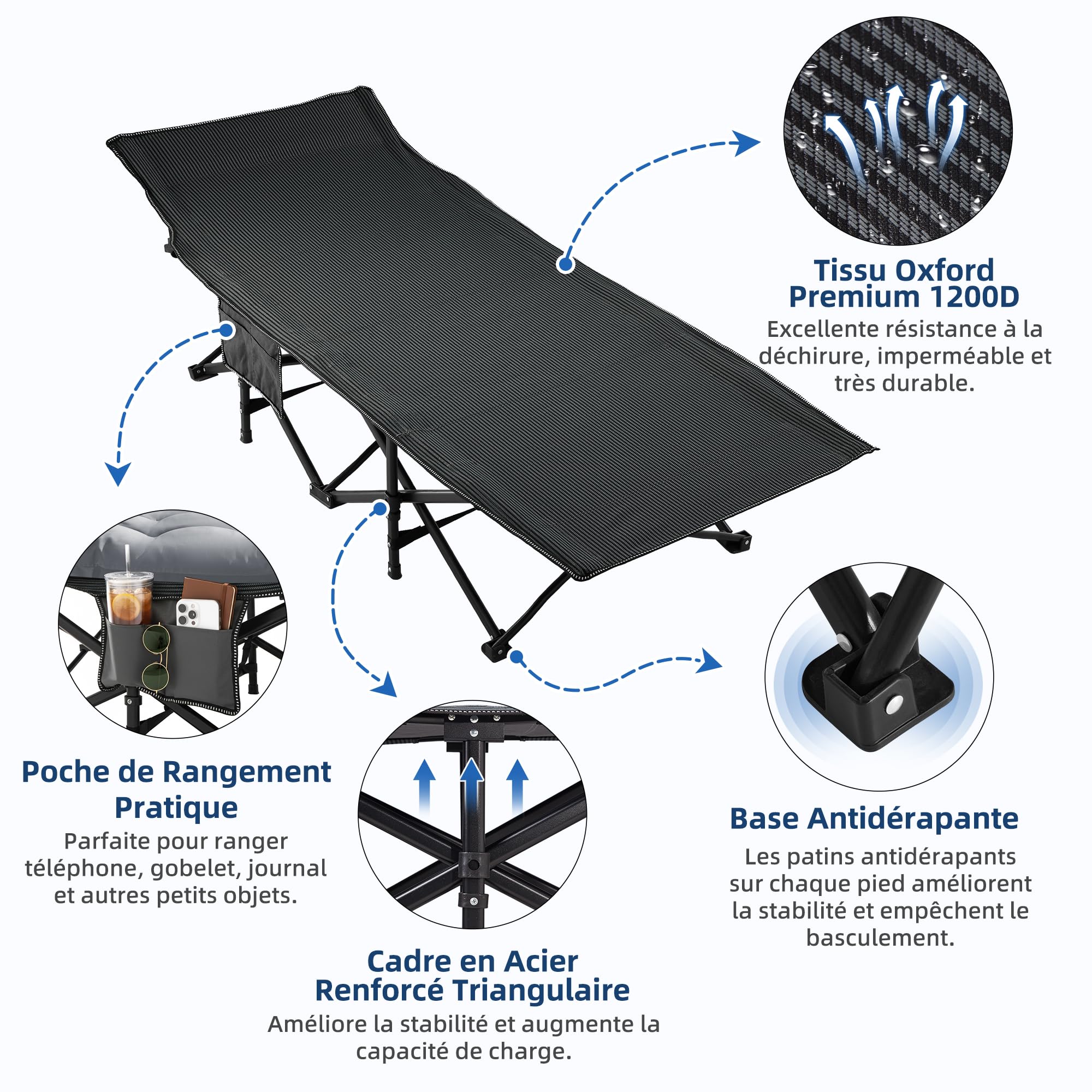 Palawano Cama de Camping Plegable para Adultos con Colchón, 190 x 71 cm, Cama Portátil de Acero con Tela Oxford 600D, con Bolsa de Transporte para Camping, Viaje, Invitados y Oficina