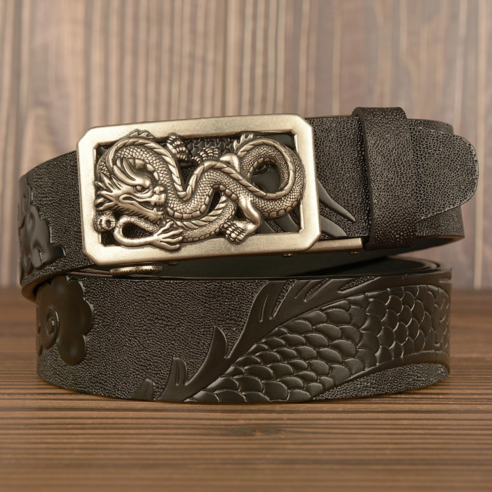 Cinturón De Trinquete Deslizante Moda - Hebilla Automática Ajustable Con Grabado Dragón For Uso Informal Y Estilo Vaquero Occidental