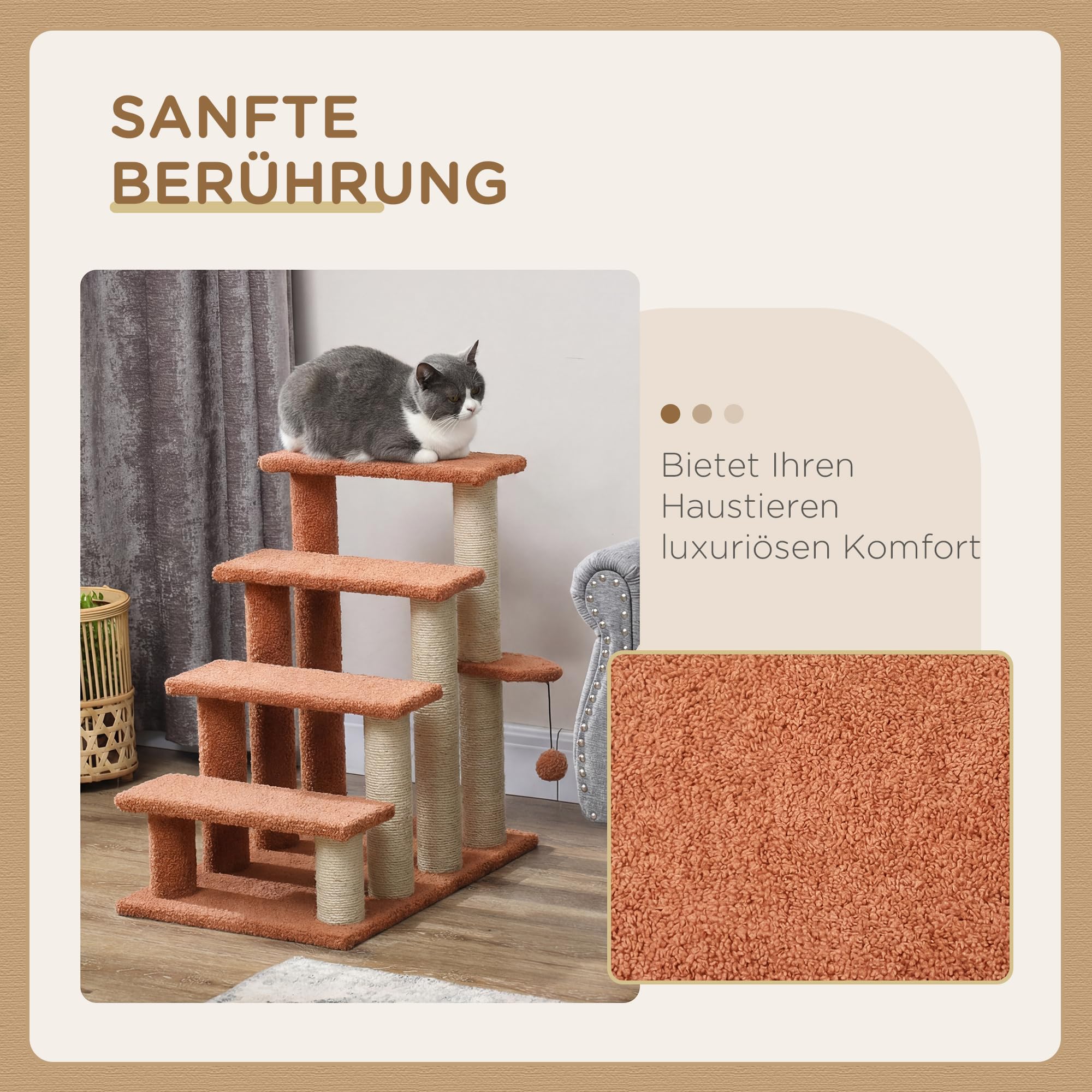 PawHut Escalier pour chats avec griffoir Escalier pour animaux domestiques à 4 marches avec balle de jeu Escalier pour chiens Escalier pour animaux pour chats jusqu'à 5 kg, peluche Jute Marron 60 x 40